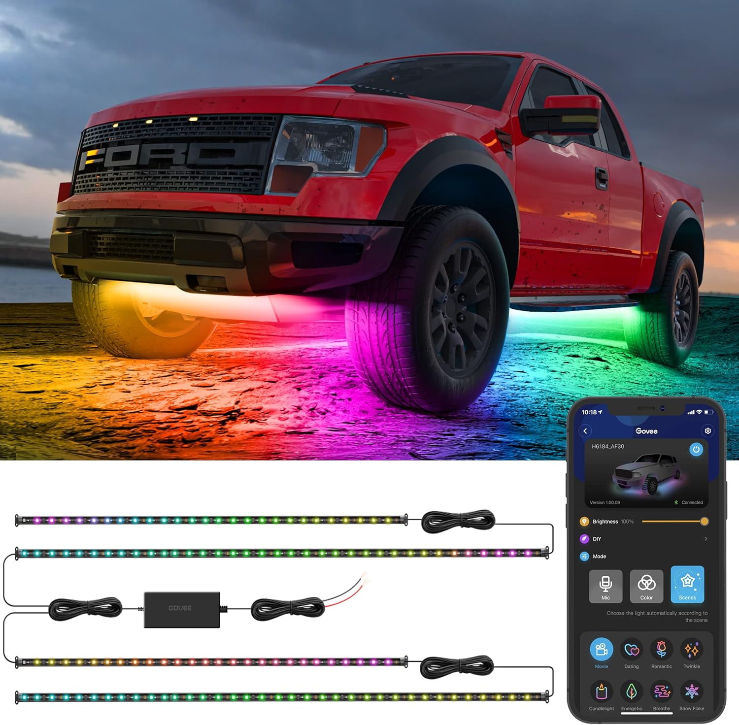 Govee Smart Car Underglow Lights, RGBIC Exterior Car Lights with 16 Million Colors, 2 Music Modes, 10 Scene Modes, DIY Mode, App and Remote Control Underglow Kits for SUVs, Trucks, DC 12-24V Pack of 2