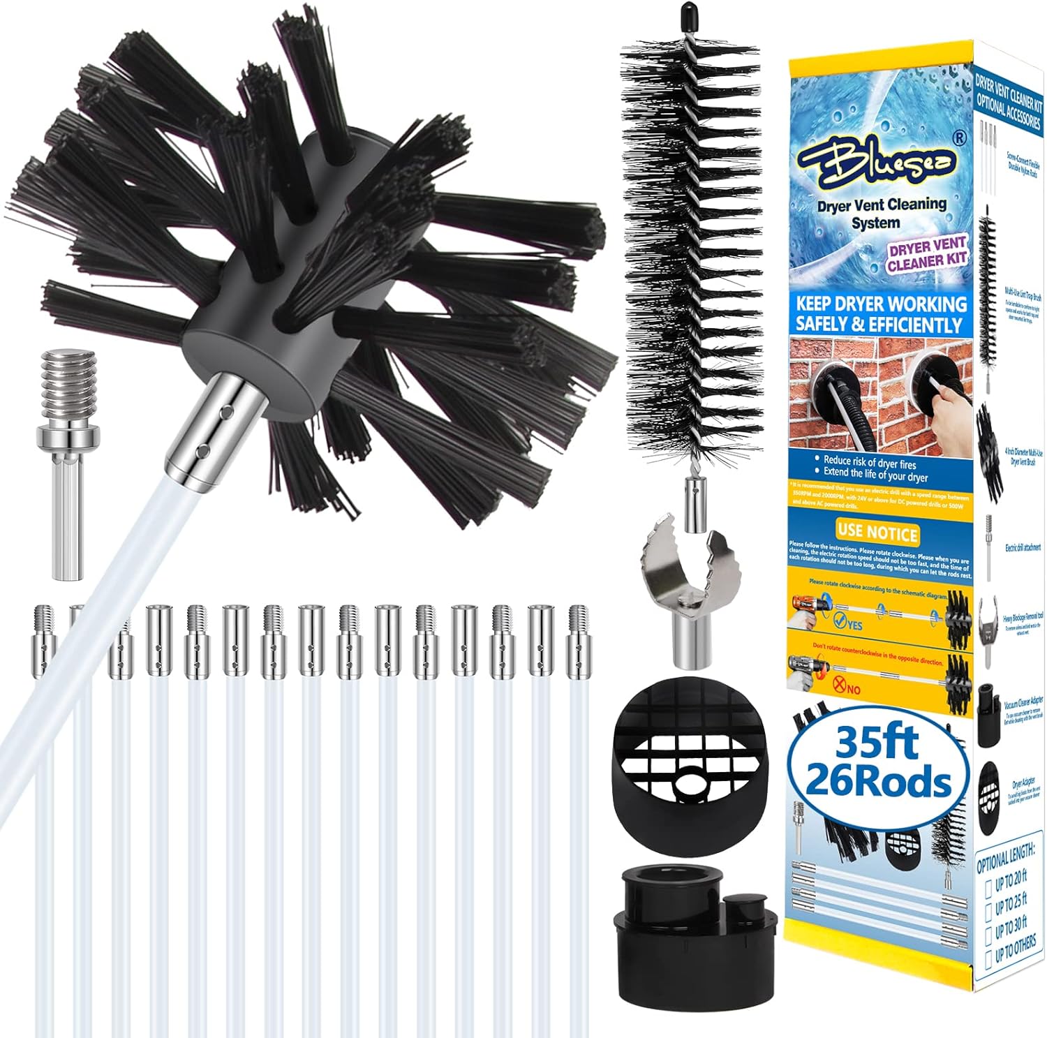 Bluesea 35 Feet Dryer Vent Cleaning Kit, Lint Removes, Extends Up to 35 Feet, Dryer Vent Cleaning System, Dryer Vent Cleaner Kit Vacuum Attachment with Lint Trap Brush, Vacuum Adapter, Dryer Adapter Pack of 2