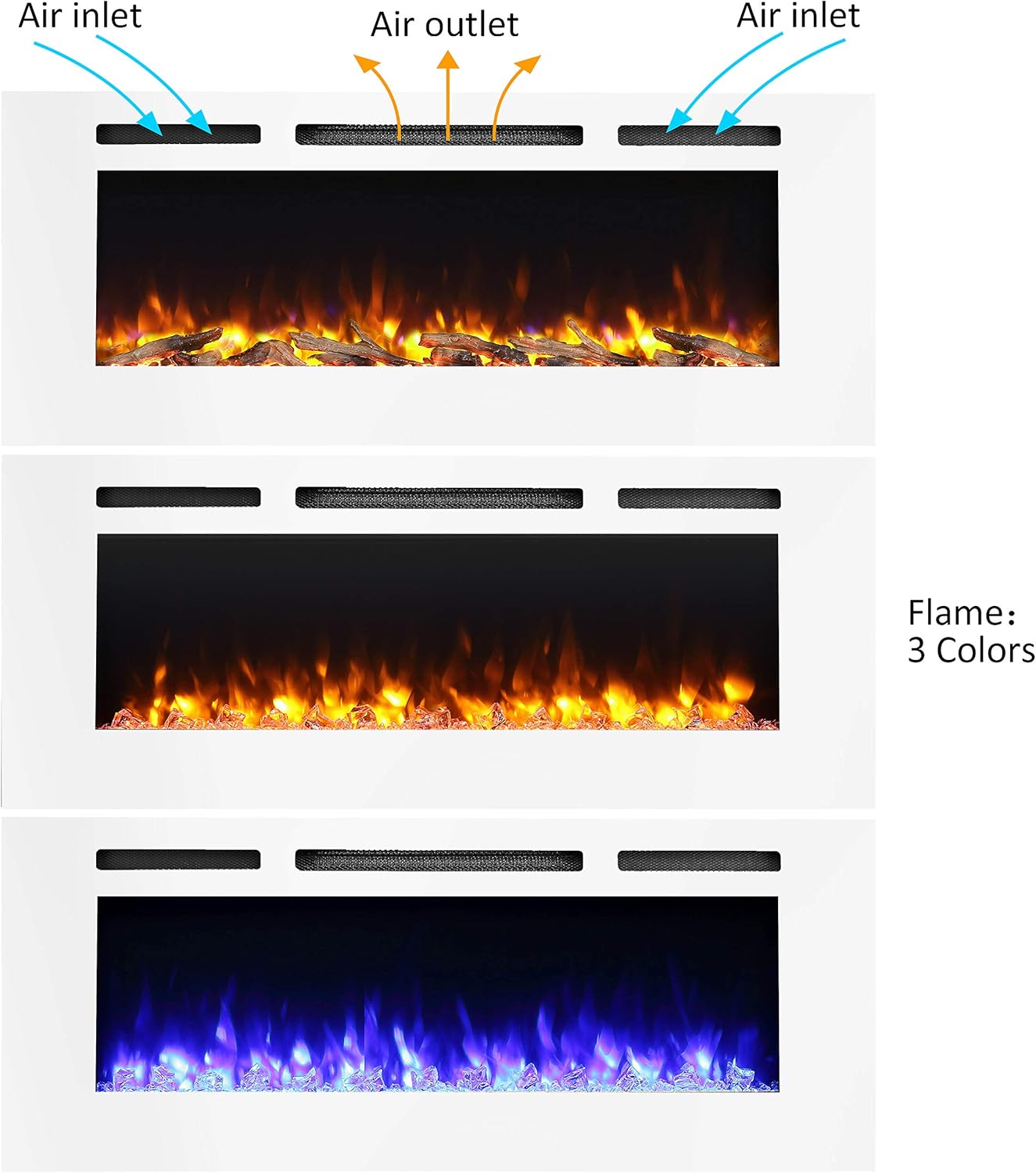 PuraFlame Alice 50 Inches Recessed Electric Fireplace, Flush Mounted for 2 X 6 Stud, Log Set & Crystal, 1500W Heater, White