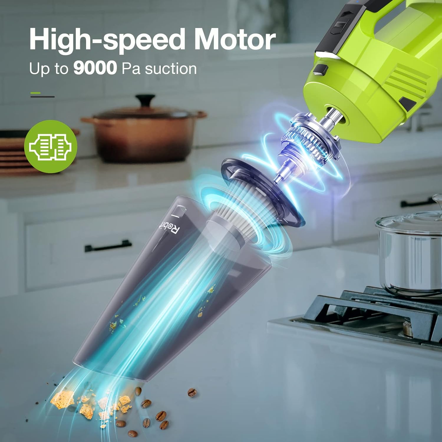 ROBIT Cordless Handheld Vacuum Cleaner, 9000Pa Strong Suction, Portable Hand Vacuum, Wet & Dry Use Hand Held Vacuuming, LED Light & 2 Washable HEPA Filter, Handheld Vacuums for Home, Car, Office