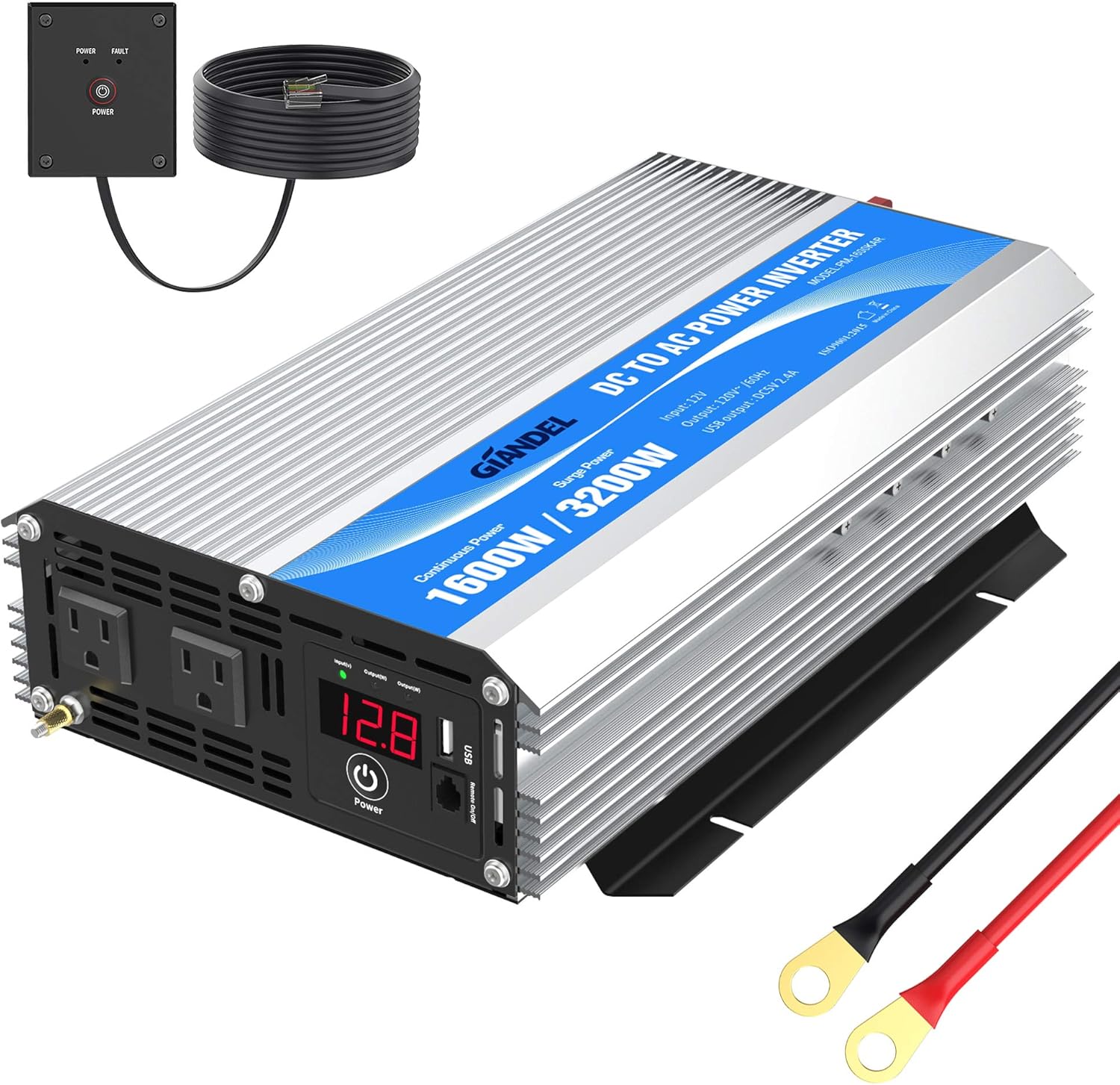 1600Watt Power Inverter Modified Wave DC 12volt to AC 120volt with Remote Control & LED Display and 2.4A USB Port for Trucks Boats RV & Emergency