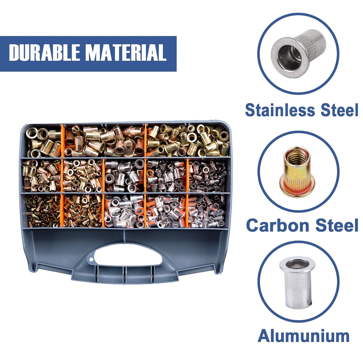 1010pcs Rivet Nut Kit, Metric Rivet Nuts Assortment M3 M4 M5 M6 M8 M10 M12, Stainless Steel, Steel and Aluminum Flat Head Threaded Insert Rivet Nut Tool Kit with Case Pack of 2