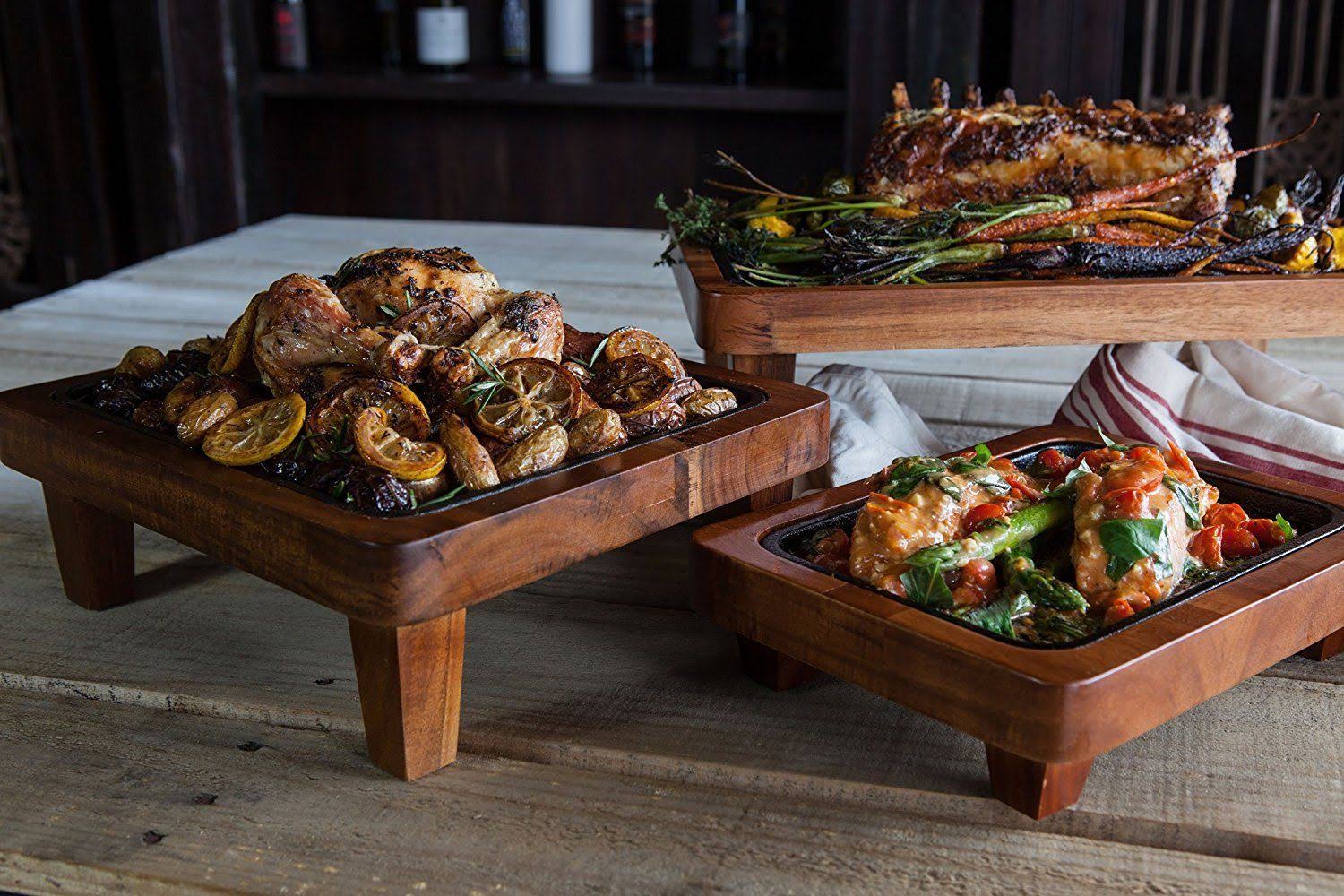 Picnic Time Raccolta Serving Pedestal with Inlaid Iron Griddle Large 17 inch