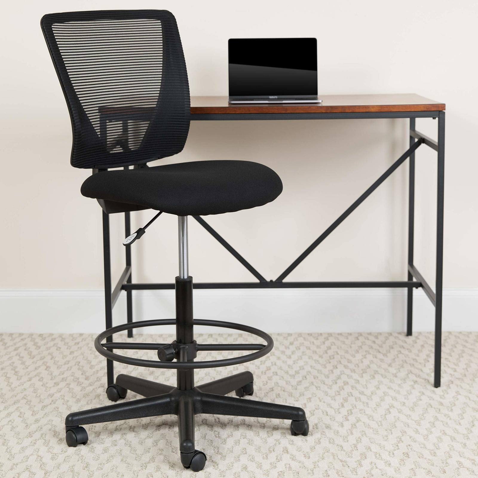 Flash Furniture Ergonomic Mid-Back Mesh Drafting Chair with Black Fabric Seat u0026 Adjustable Foot Ring