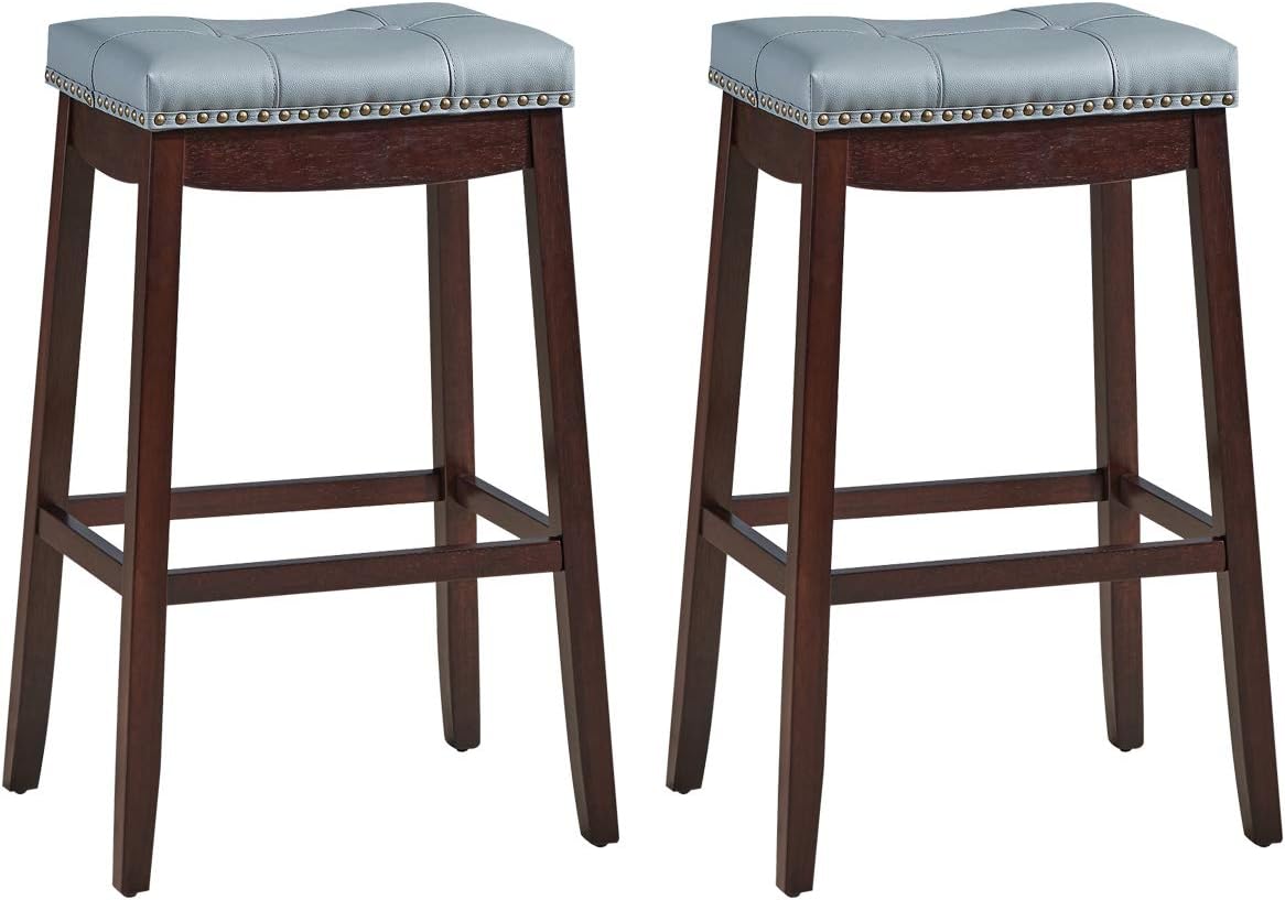 COSTWAY Bar Stools Set of 2, 24-Inch Height Backless Counter Stool with Footrest, Soft Seat Cushion, Wood Legs and Non-Slip Foot Pad, Saddle Stools for Home Kitchen Living Room, Stone Gray+Dark Brown