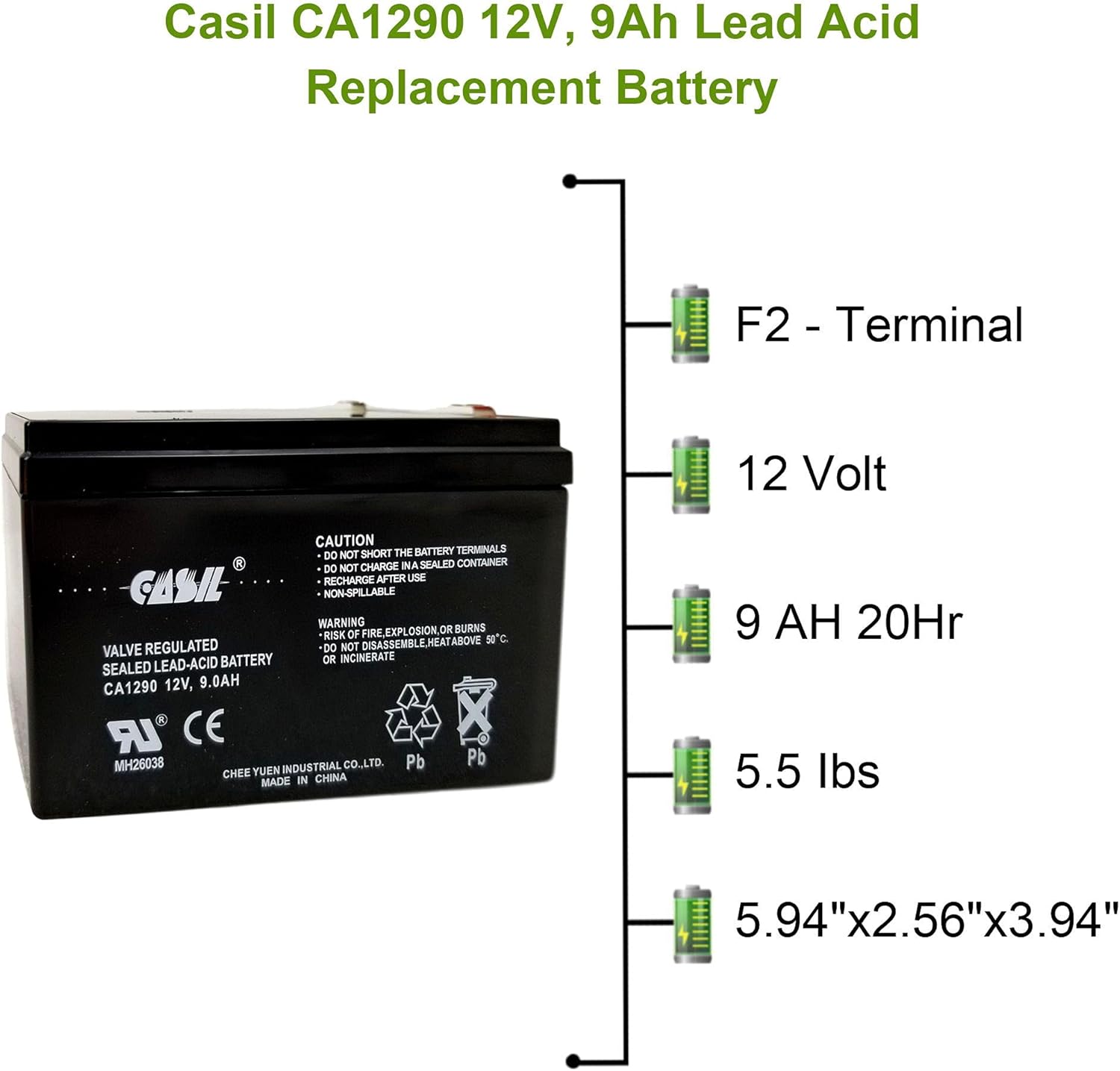 12v 9ah Rechargeable Sealed Lead Acid SLA AGM Battery F2 by Casil 2 Pack