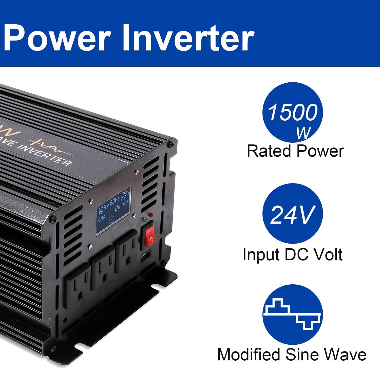 aeliussine 1500w Power Inverter 24v to 110v 120v Modified Sine Wave Power Inverter dc to ac Power Converter 3 ac Outlet (1500W 24V)