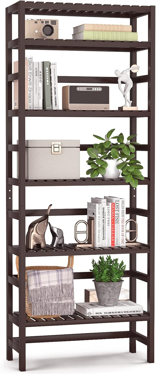 Homykic Bamboo Bookshelf, 6-Tier Adjustable Tall Bookcase 63.4&rdquo; Book Shelf Rack Organizer Shelving Unit Free Standing Storage for Living Room, Bathroom, Study, Kitchen, Bedroom, Home Office, Espresso