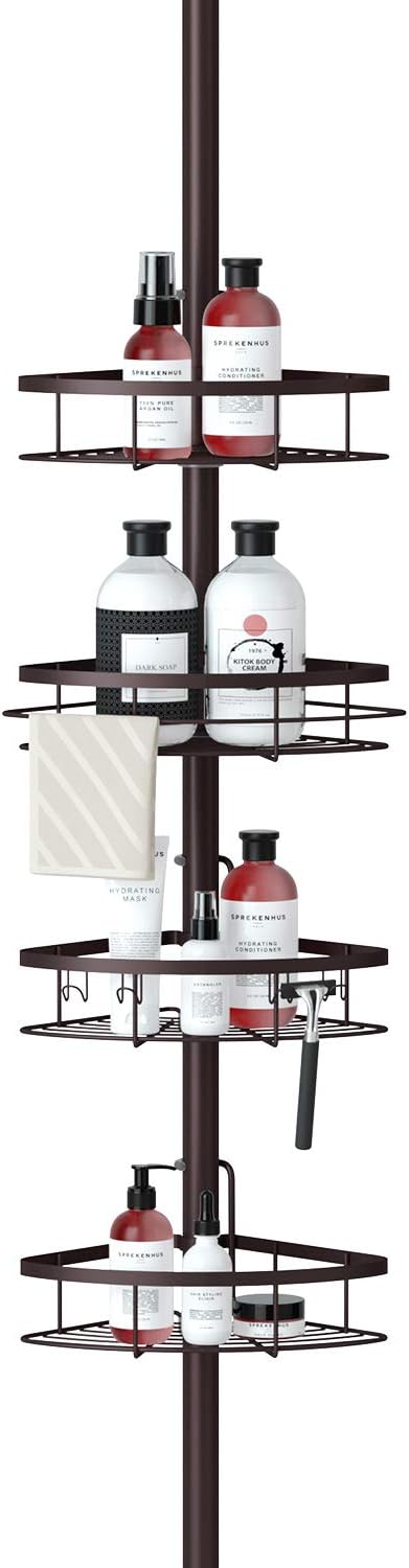SEIRIONE Rustproof Shower Corner Caddy Organizer for Bathroom, 4 Adjustable Shelves with Tension Pole, for Bathtub Shampoo Accessories Storage Holde, 4.5 to 9.5ft Height Pack of 2