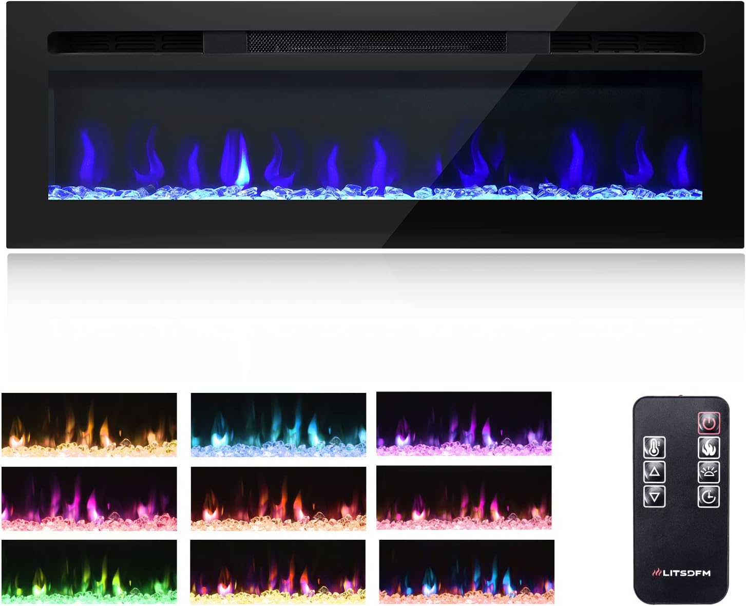 LITSDFM 60 inches Electric Fireplace Recessed and Wall Mounted Electric Fireplace Insert, Fireplace Heater with Timer, Remote Control, Adjustable 12 Flame Colors and 12 Flame Bed Colors, 750W/1500W