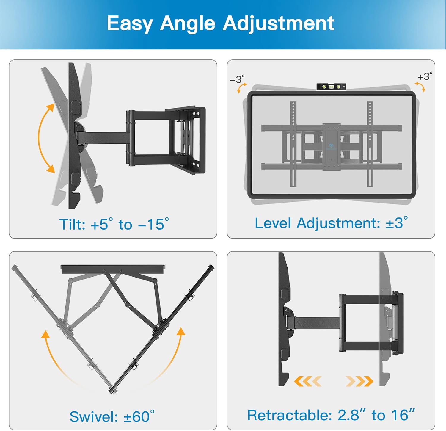 PERLESMITH TV Wall Mount Bracket Full Motion Dual Articulating Arms for Most 37-70 inch LED, LCD OLED Flat Curved TV Screens up to 132lbs Max VESA 600×400 with Tilt Swivel Extensions Rotation,PSLFK1 Pack of 2