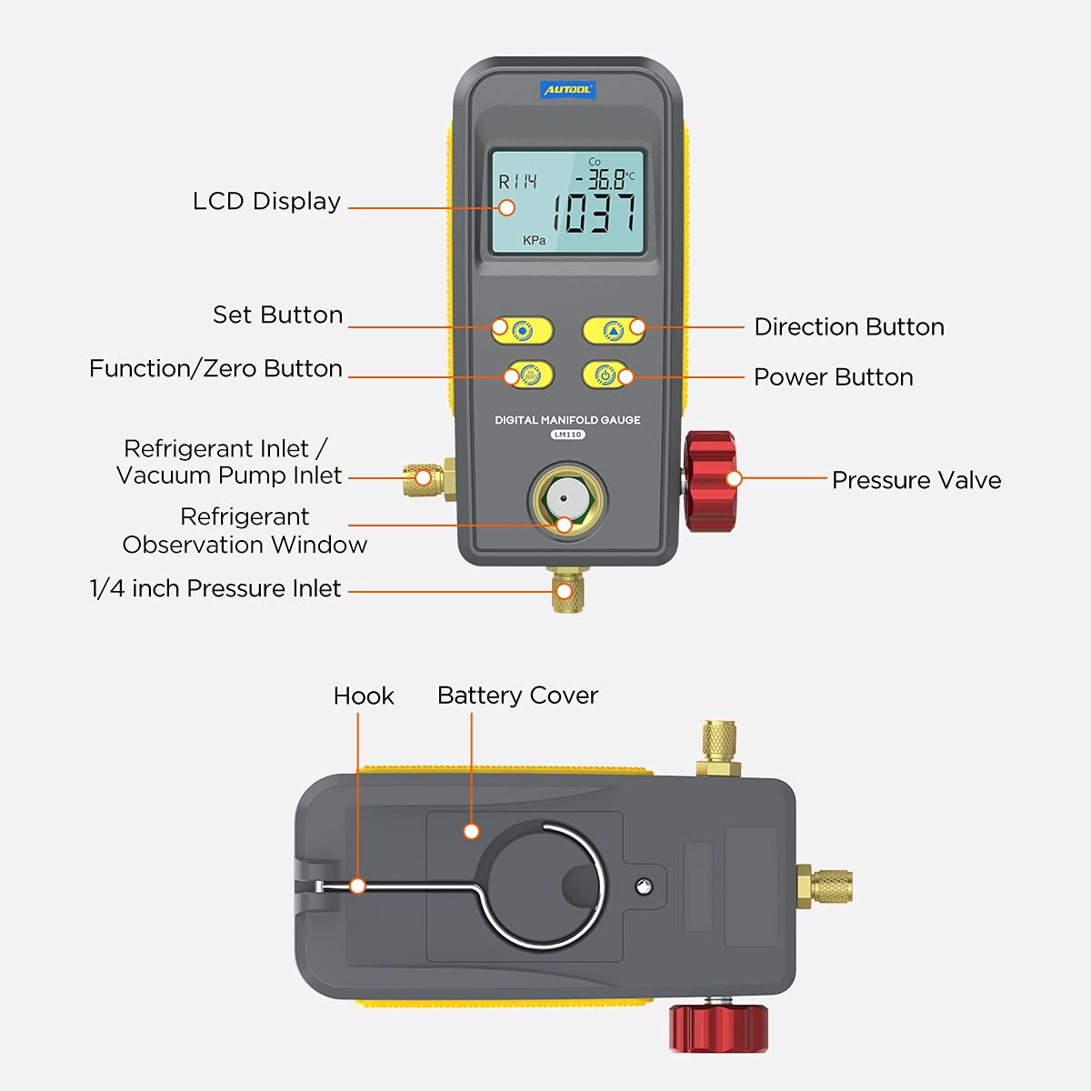 AUTOOL LM110 Digital Manifold Gauge, HVAC System Refrigeration Gauge for Refrigerant Filling&Pressure Test / Vacuum Operation Test /Pressure Leak Test of Air Conditioner Refrigerator