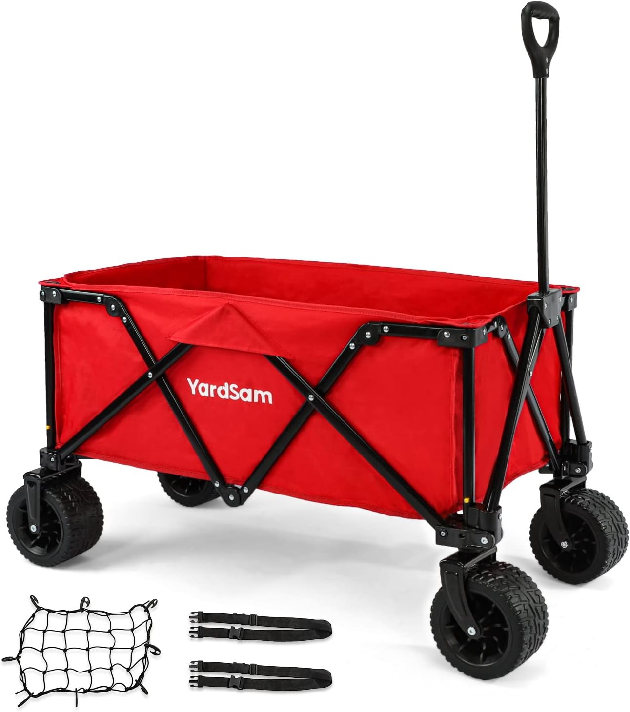 Yardsam Foldable Beach and Garden Wagon Carts, Heavy Duty Folding Collapsible Wagon Utility Outdoor Camping Cart with Removable Wheels & Adjustable Handle, w/ Cargon Net and Straps