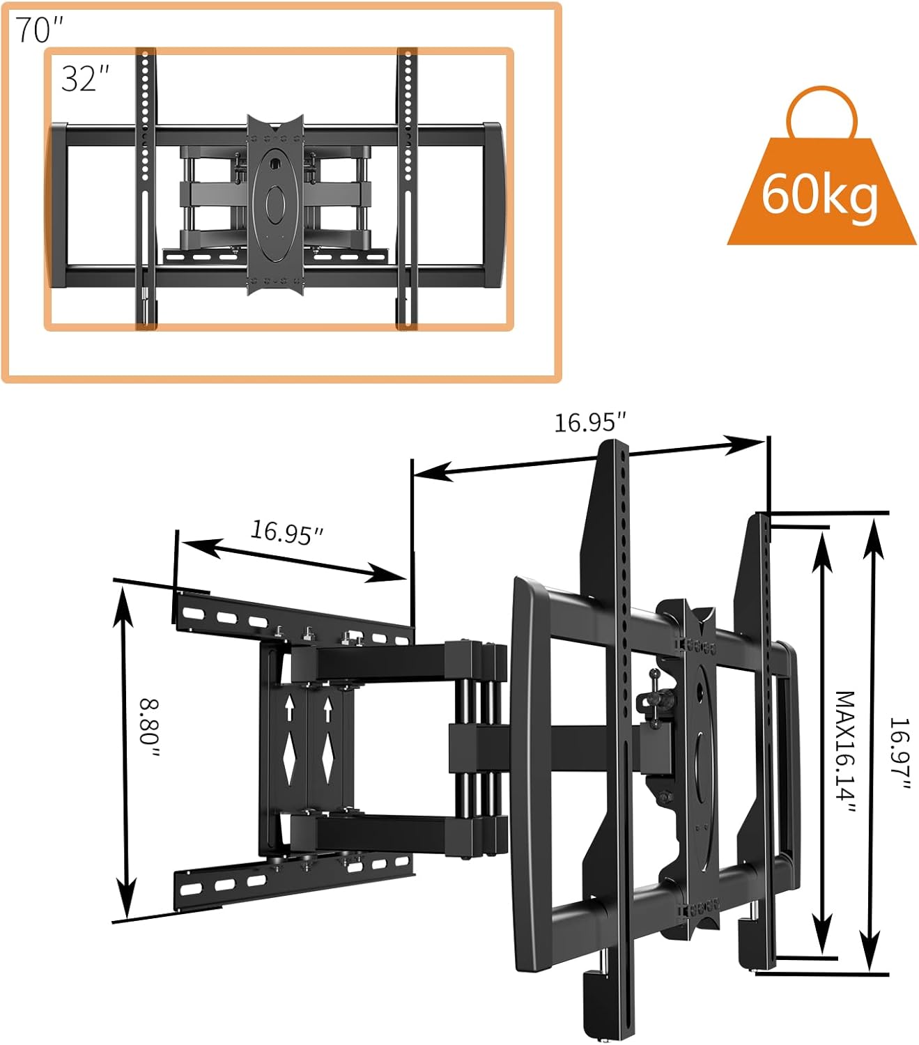 Full Motion TV Wall Mount for Most 32-70 inch LED, LCD Monitor and Plasma TVs, Holds up to 132lbs, Max VESA 600x400mm by XINLEI (MA61A) Pack of 2