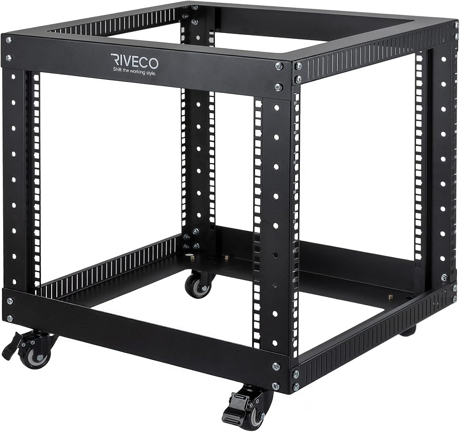 RIVECO 9U Open Frame Server Rack with Casters- Heavy Duty 4 Post Quick Assembly 19-inch, Stereo Rack Network Cabinet Black