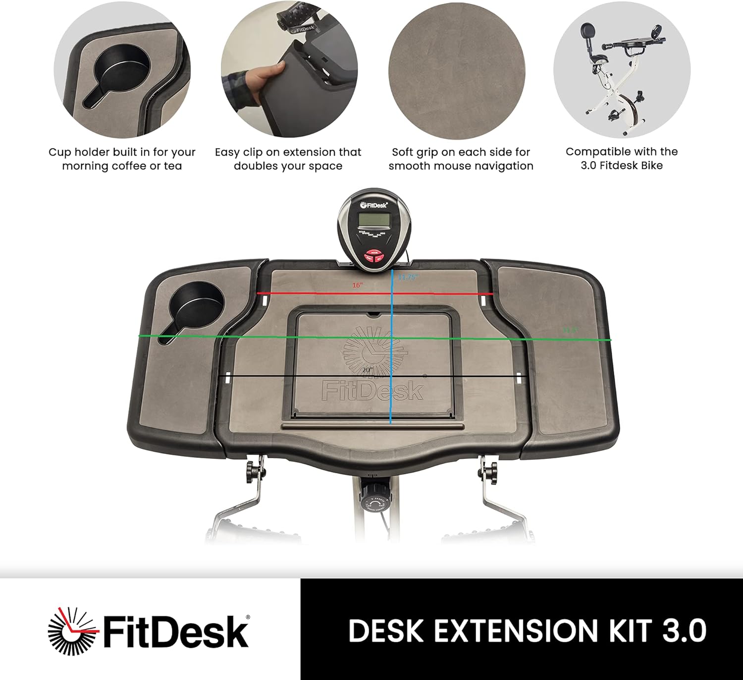 FitDesk Desk Extension Kit for 3.0 Exercise Bike, 4010 - Table Top Standing Desk with Table and Cup Holder, Mousepad Space - No Hardware and Easy Mounting - Can Fit Up to 17