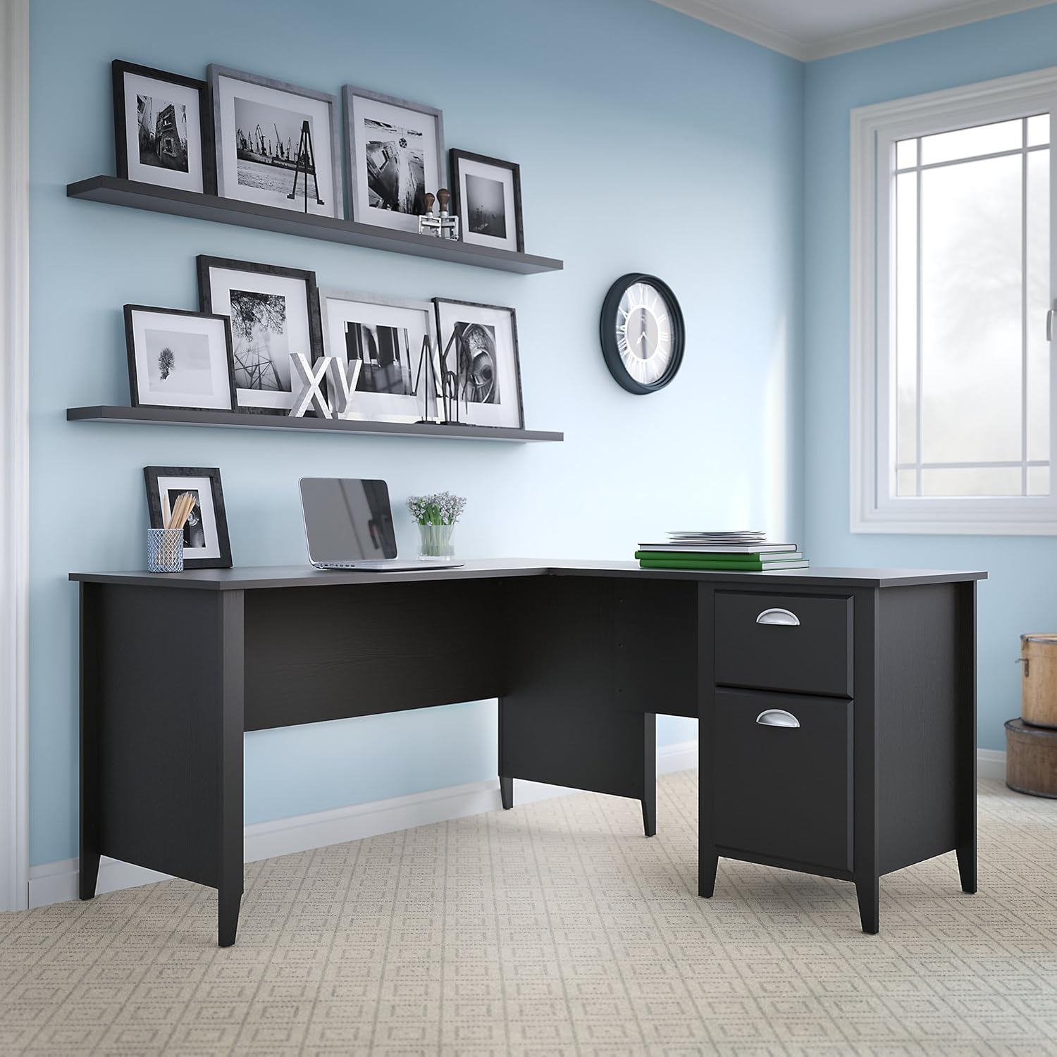 Bush Furniture Kathy Ireland Home Connecticut L Desk, 60W, Black Suede Oak