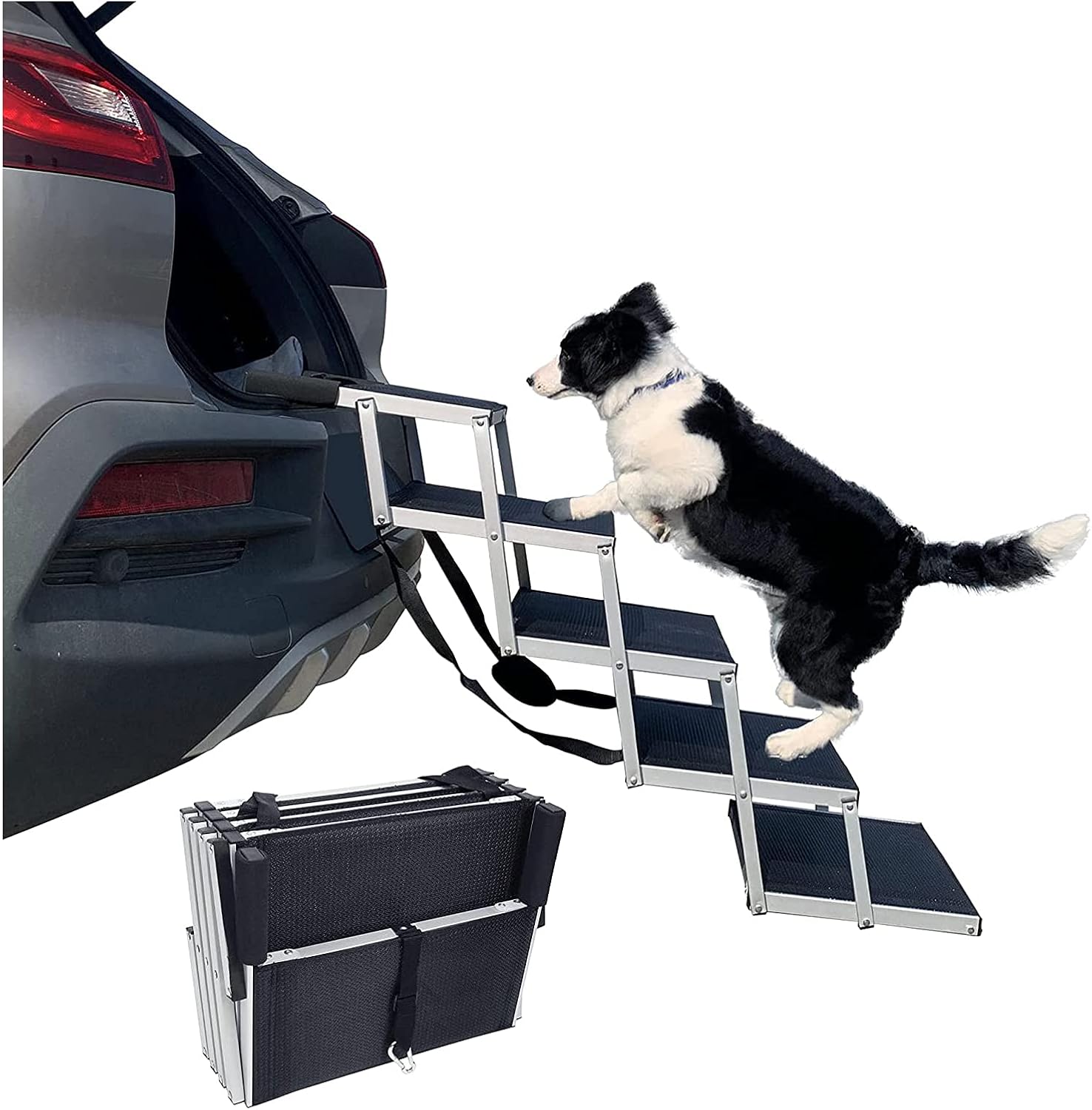 5 Steps Folding Dog Ramps for Large Dogs, Aluminum Lightweight Pet Ladder Dog Stairs with Nonslip Surface, Pet Ramps Dog Steps for High Bed, Vehicles, Trucks and SUV, Support 150 to 200 lbs