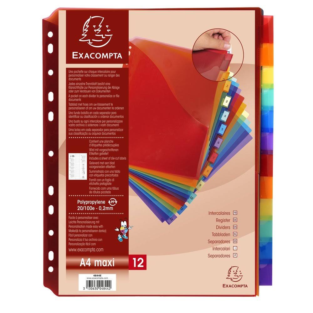 Exacompta PP Dividers, A4, Maxi, 12 Part - Multi-Coloured