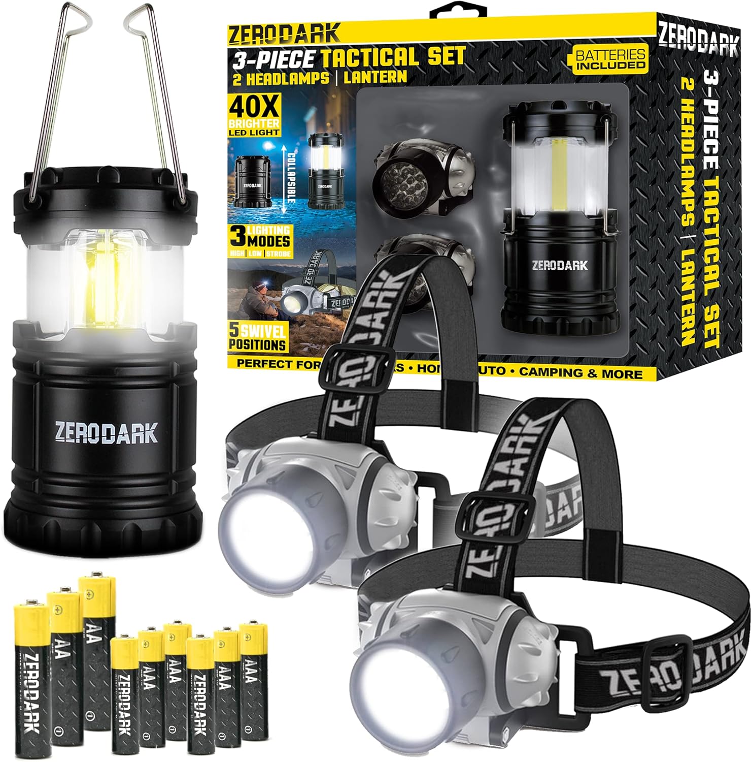 ZeroDark Tactical Gear 3-Piece Set Camping Lights, Outdoor Lantern and 2 LED Headlamp Outdoor Hiking Gear