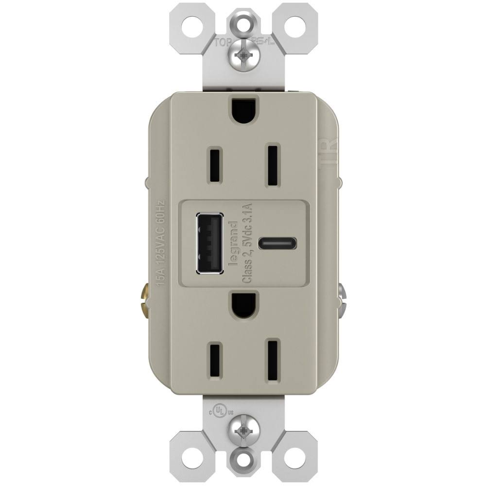 Legrand R26USBACNICCV4 - Radiant Ultra Fast Type A/C USB Outlet and 15 Amp 120-Volt Duplex Tamper-Resistant Receptacle - Nickel