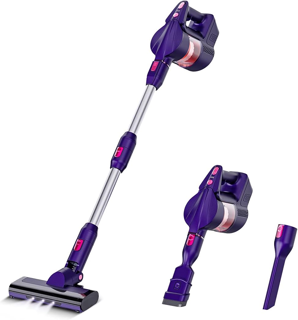 Vacuum Cleaner, LERIZOM 24Kpa Powerful Cordless Vacuum Cleaner with 40 min Max Long Runtime Detachable, Rechargeable Stick Vacuum Cleaner for Pet Hair, Home, Hard Floor, Carpet, 250W, Purple