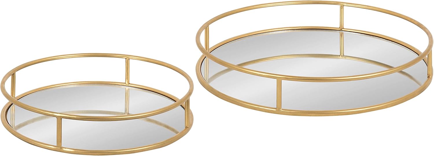 Kate and Laurel Felicia Modern Glam Metal Nesting Trays | Decorative Round Shape with Handles and Mirror Surface, Set of 2, Gold