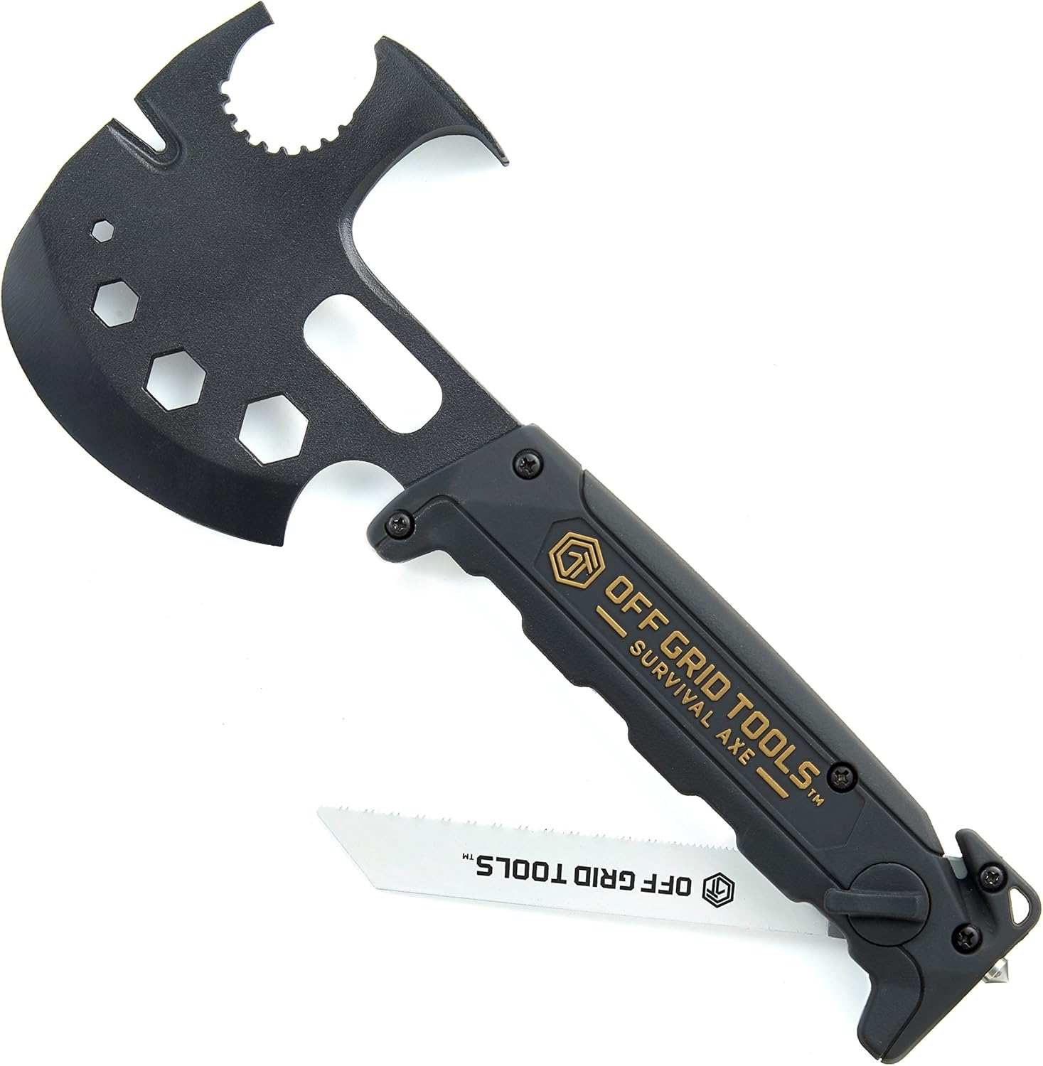 Off Grid Tools Survival Axe &ndash; Black, All Steel, Ultimate Outdoor Multipurpose Tool, Hatchet Blade, Hammer Head & Claw, Changeable Saw, Steel Glass Breaker, Seat Belt Cutter