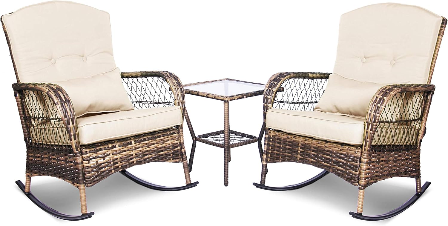 ENSTVER 3 Pieces Patio Conversation Set w/ 2 Rattan Wicker Rocking Chairs and Glass Table,for Garden Backyard Lown Porch(Red)