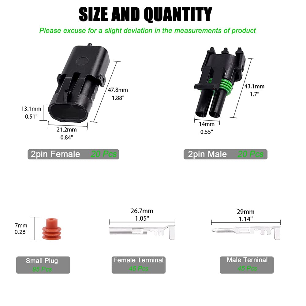 JRready ST6252 20 Sets 2 Pin Weather Pack Connector Waterproof Car Electrical Wire Connector Terminals Plug Kit with 45 Sets Male and FemaleTerminal KIT 18-14AWG