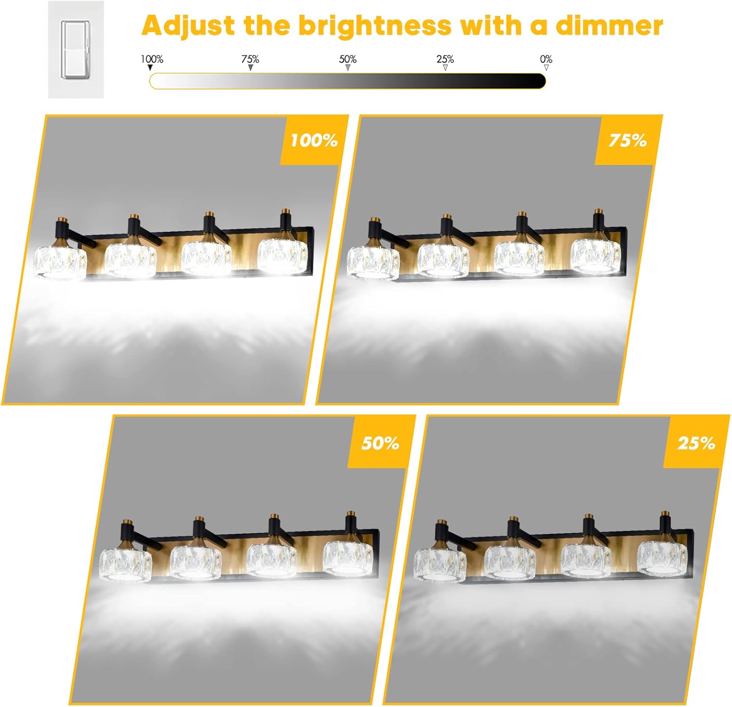 Bathroom Light Fixtures Over Mirror Modern Crystal Vanity Light Black and Brass Fixtures 6000K White Light Indoor Wall Light (4 Light)