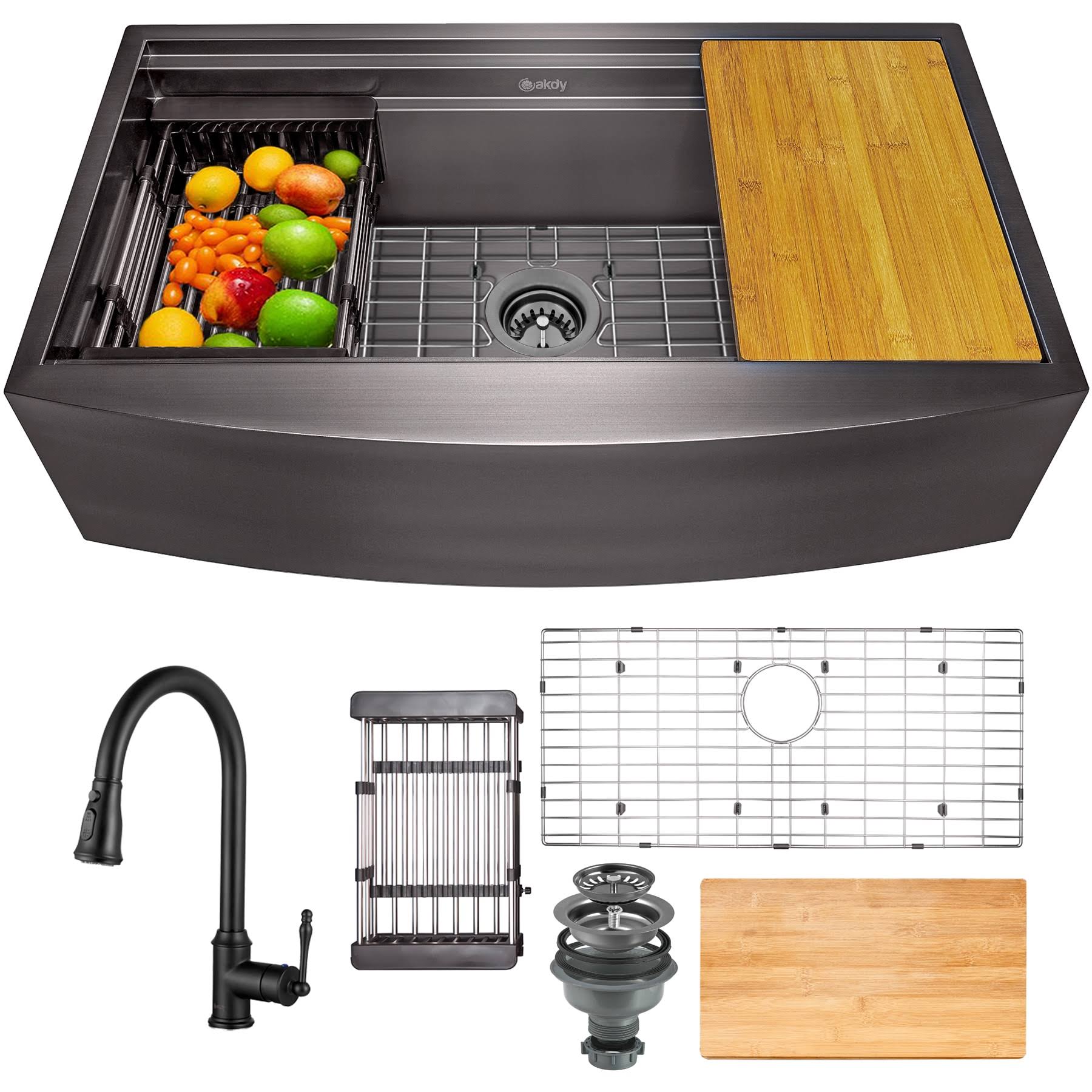AKDY All-in-One Matte Black Finished Stainless Steel 33 in. x 22 in. Farmhouse Apron Mount Kitchen Sink with Pull-Down Faucet |