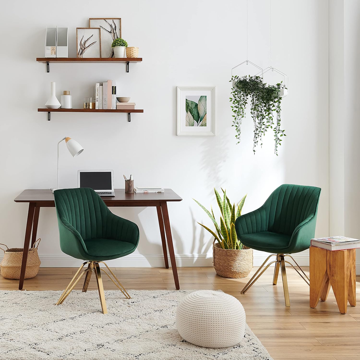 Volans Mid Century Modern Swivel Accent Desk Chair with Hollow Brushed Gold Plated Leg, Home Office Desk Chair No Wheels, Gray, Set of 2