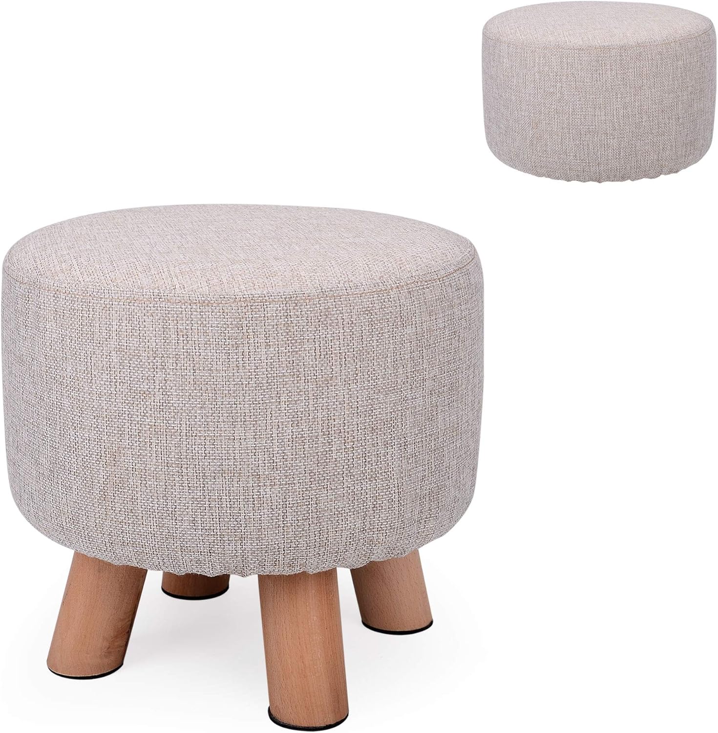 H&B Luxuries Fabric Round Padded Ottoman Foot Rest Stool (4 Legs-Simple Linen) Pack of 2