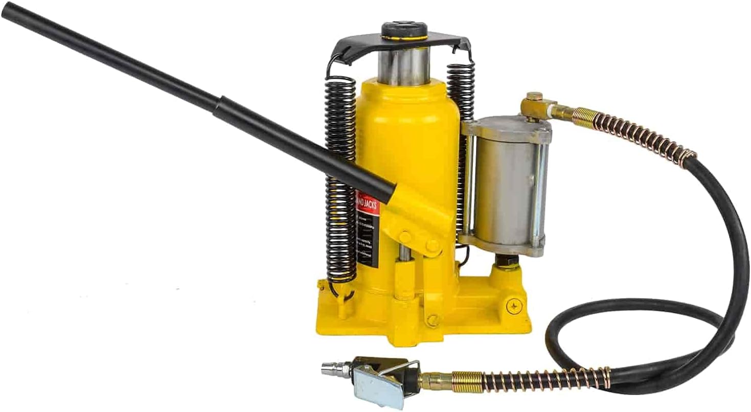 JEGS Bottle Jack | 20-Ton Capacity | Air Assist | Lift Height From 10 7/16 to 20 inches | 52 inch air line length with 1/4 inch NPT fitting