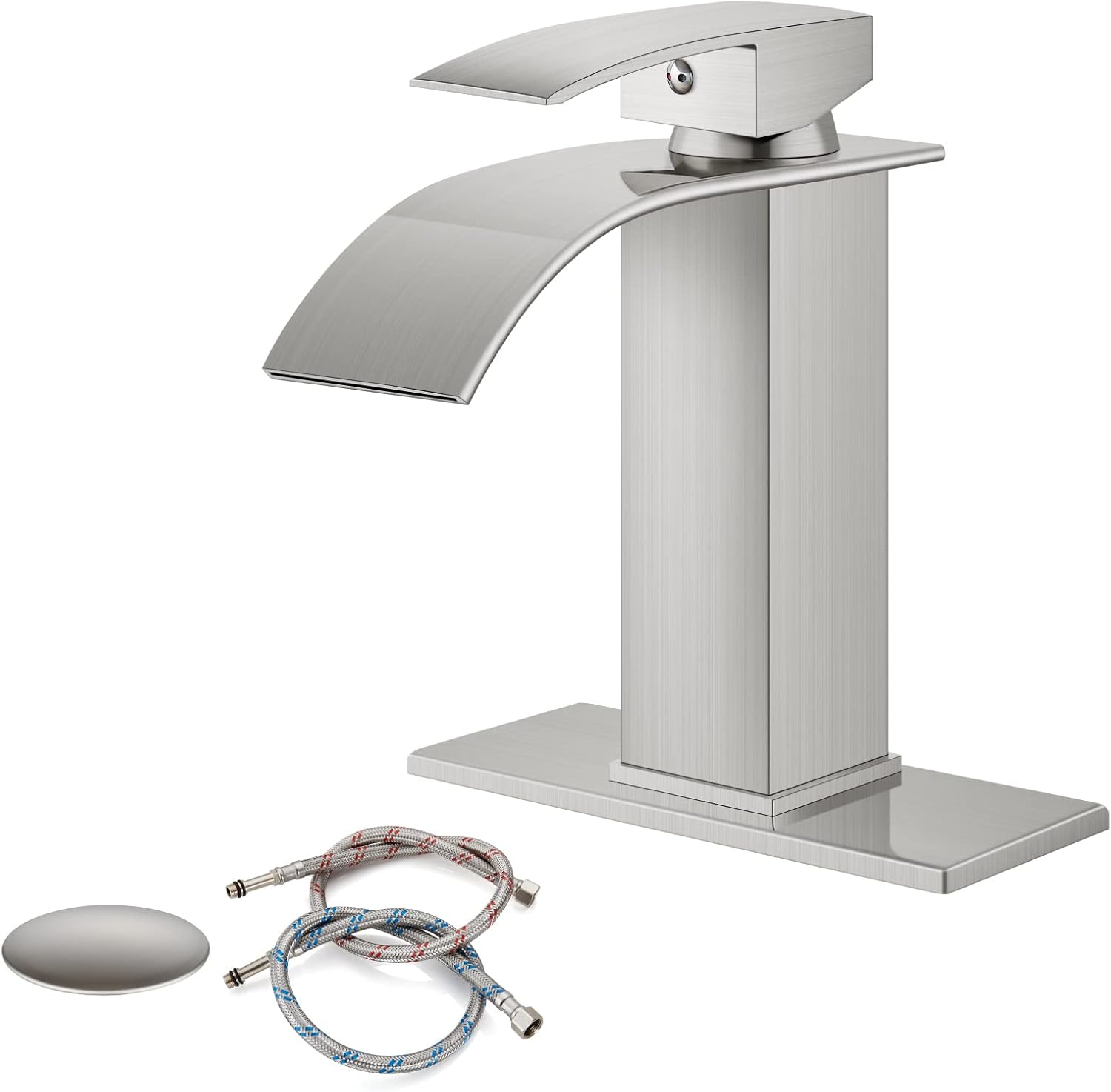 Waterfall Bathroom Sink Faucet Matte Black Deck Mount 304 Stainless Steel Bowl Basin One Hole Single Handle Hot and Cold Mixer Tap with Pop Up Drain Deck Plate