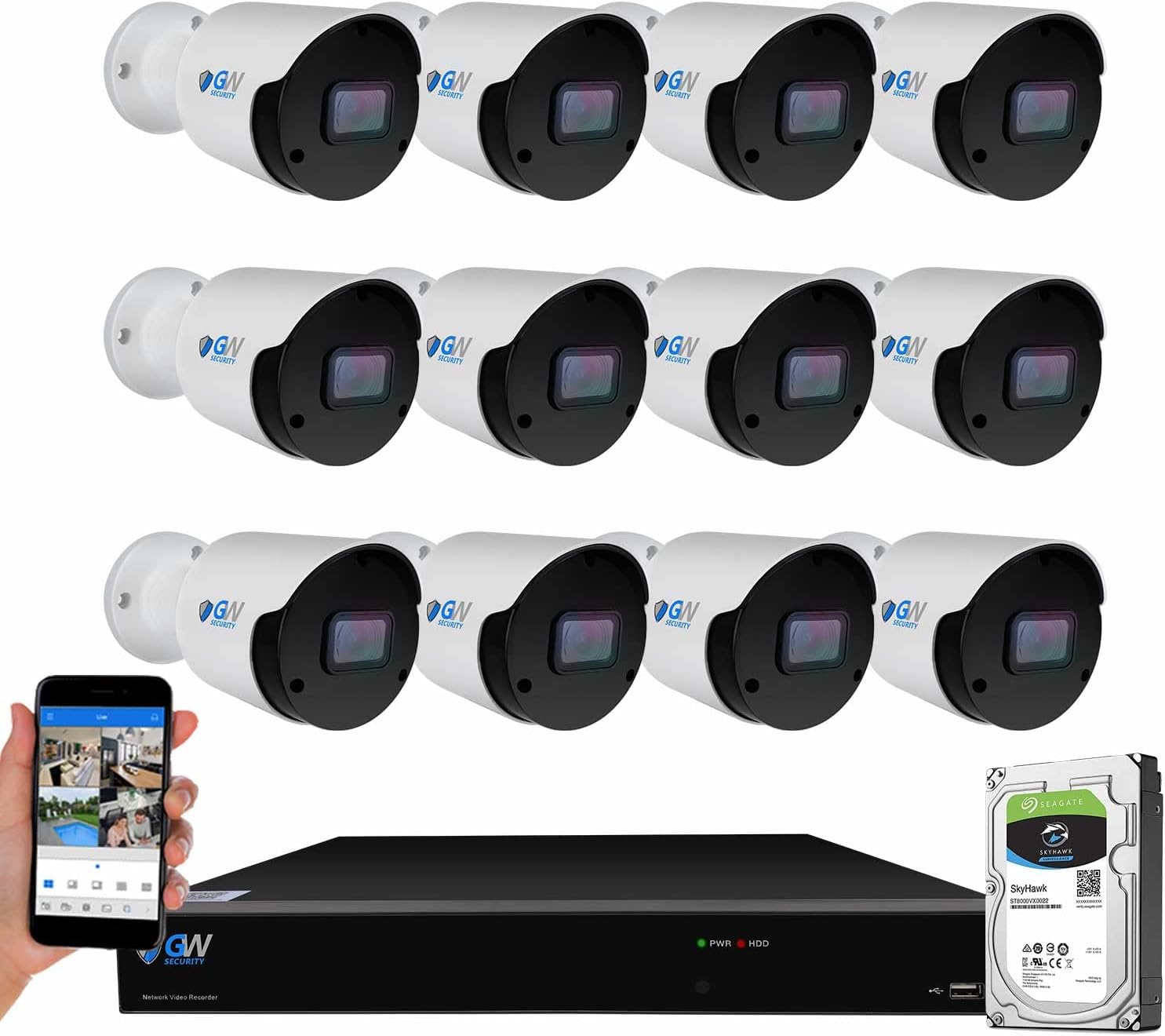 GW Security Smart AI 16 Channel H.265 PoE NVR Ultra-HD 4K (3840x2160) Security Camera System with 12 x 4K (8MP) 2160P Face Recognition/Human/Vehicle Detection Outdoor Indoor Surveillance IP Camera