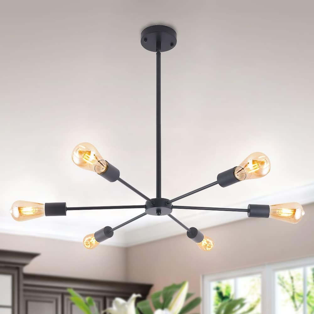 LMSOD 6 Lights Modern Industrial Sputnik Chandelier, Black Semi Flush Mount Mid Century Ceiling Pendant Lighting Fixtures for Kitchen Dining Room Bedroom Hallway