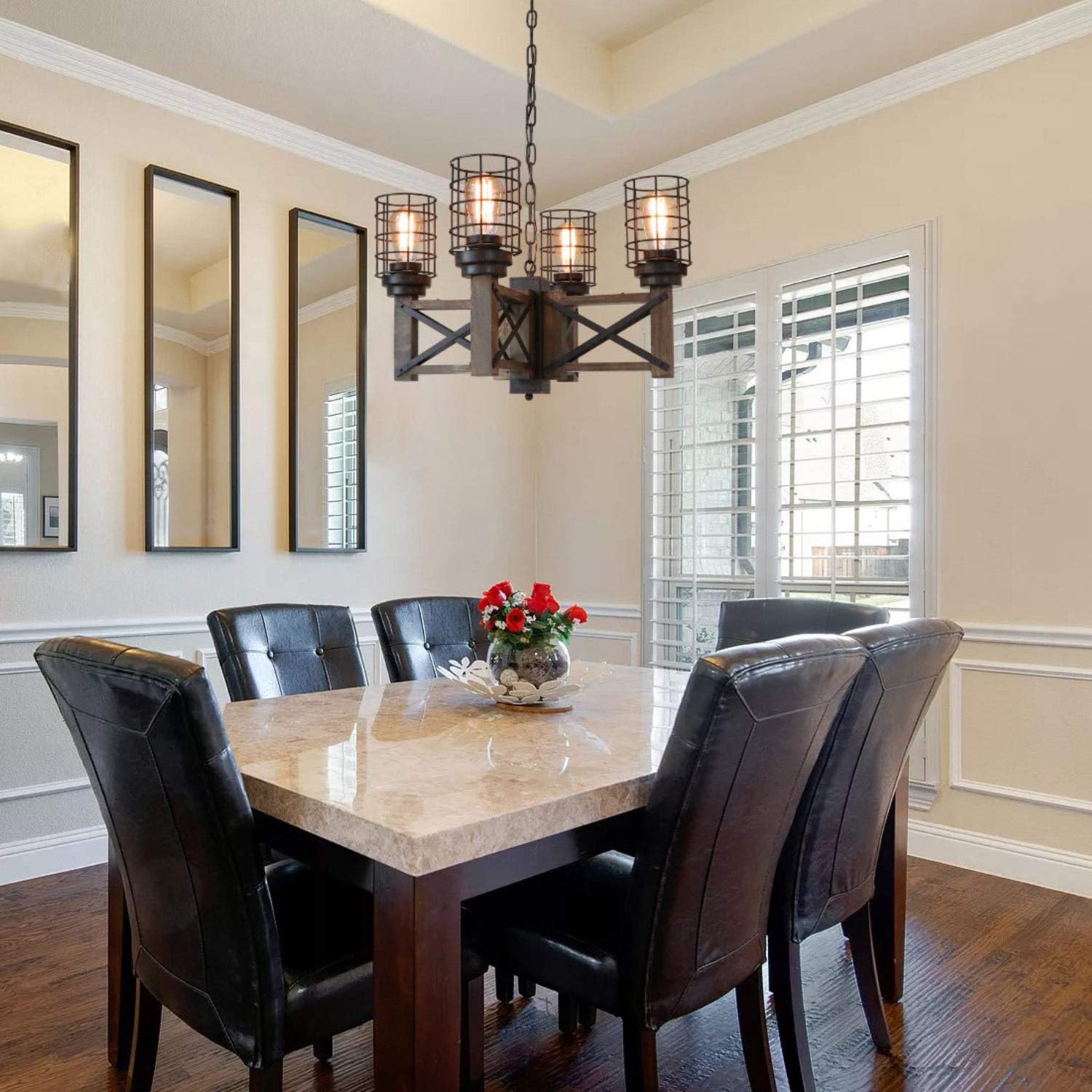 Eumyviv Wood Farmhouse Cage Rustic Chandelier Kitchen Island 4 Lights, 23.9