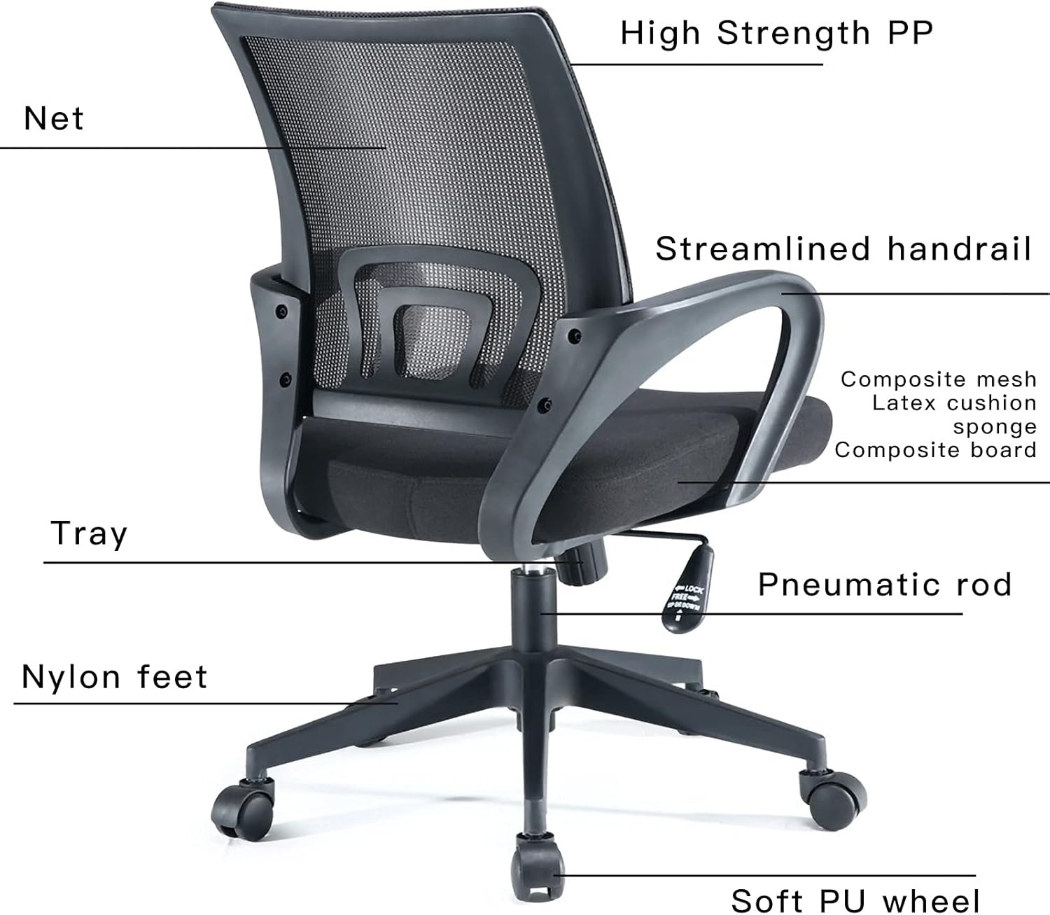 WRTEE Office Desk Chair Home Ergonomic Desk Chair Mid-Back Chair Lumbar Support Mesh Computer Chair Adjustable, Swivel Task Chair with Armrest - Black