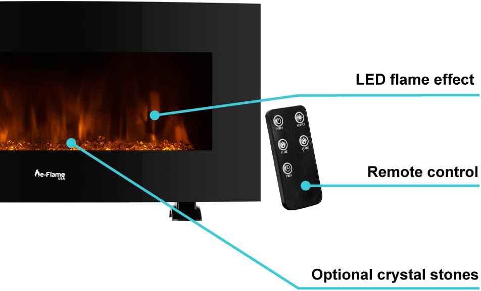 e-Flame USA Sundance Curved Wall Mounted or Freestanding LED Electric Fireplace with Remote - Adjustable, Timer, Remote - 34-inch