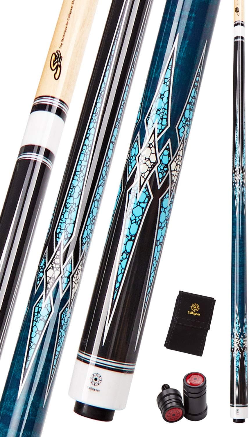 Collapsar CXT Pool Cue with Soft Case,Black with Cream Points and Turquoise,Wrapless Handle 58Inch Professional Pool Stick