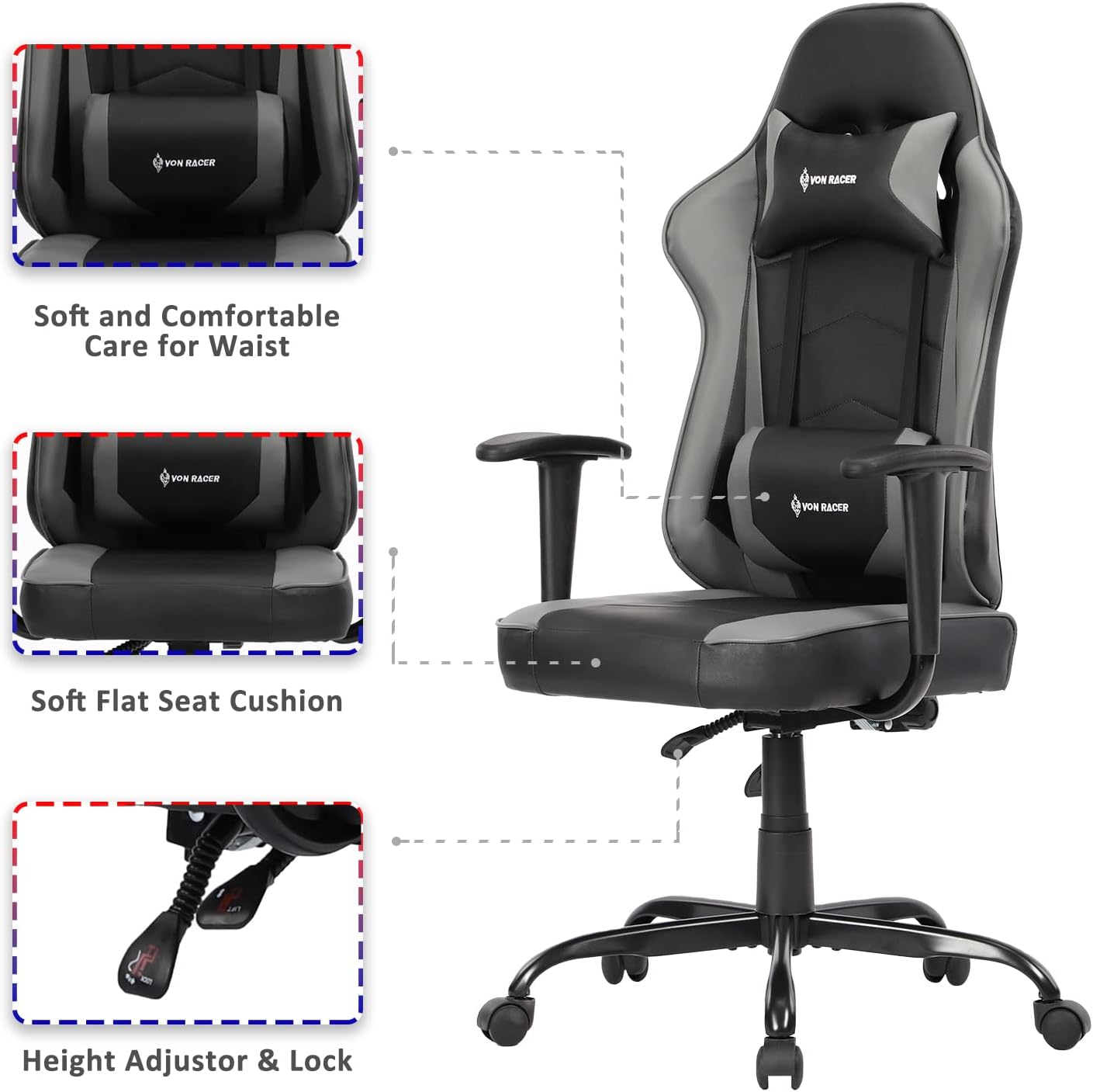 Blue Whale Gaming Chair for Adults Racing Video Game Chair Computer Desk Office Chair Swivel Ergonomic Executive Leather Chair with Headrest Lumbar Support and Armrests