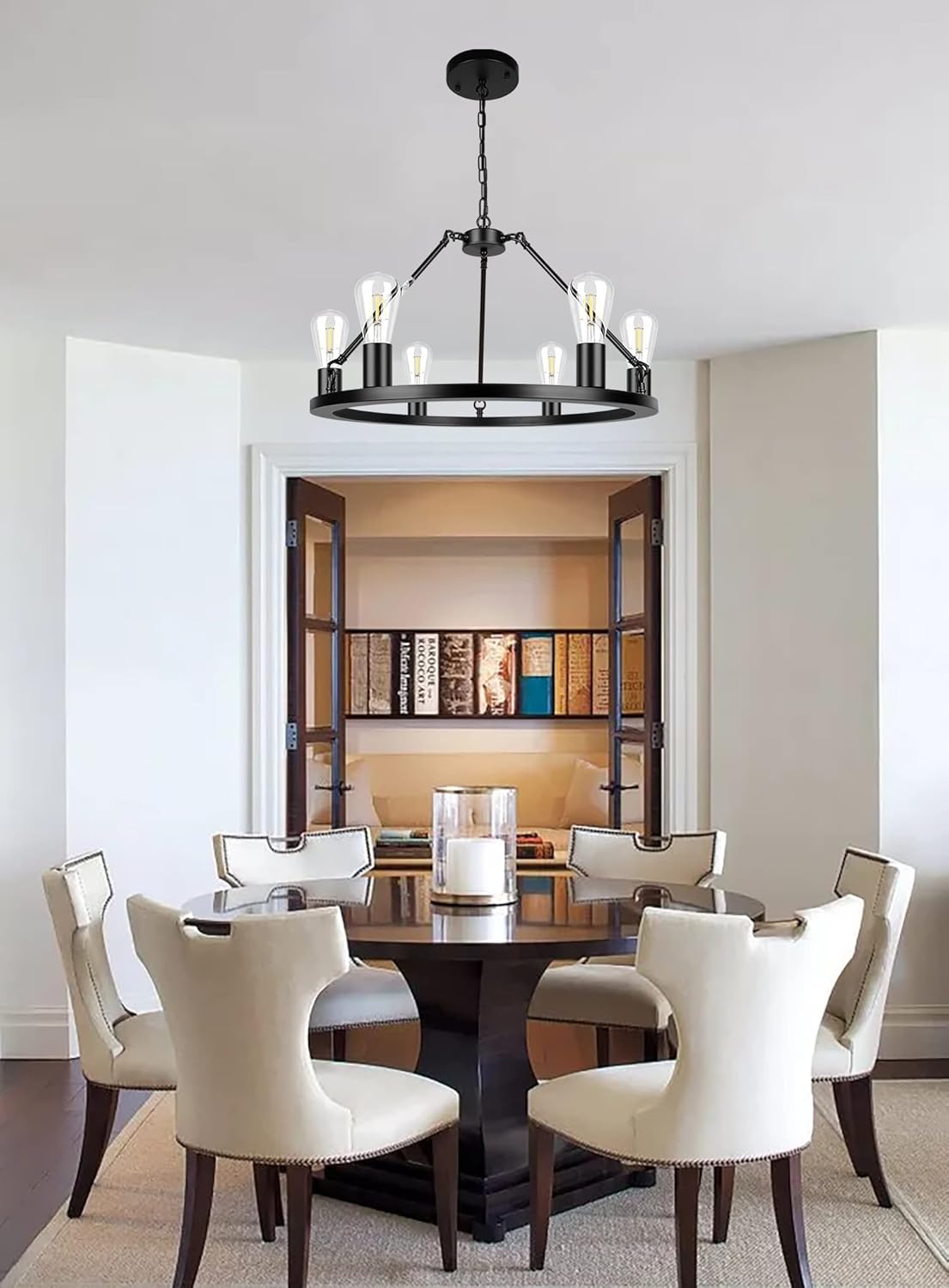 6-Light Black Industrial Farmhouse Chandelier, Wagon Wheel Modern Round Kitchen Island Lighting for Dinning Room Bedroom Foyer