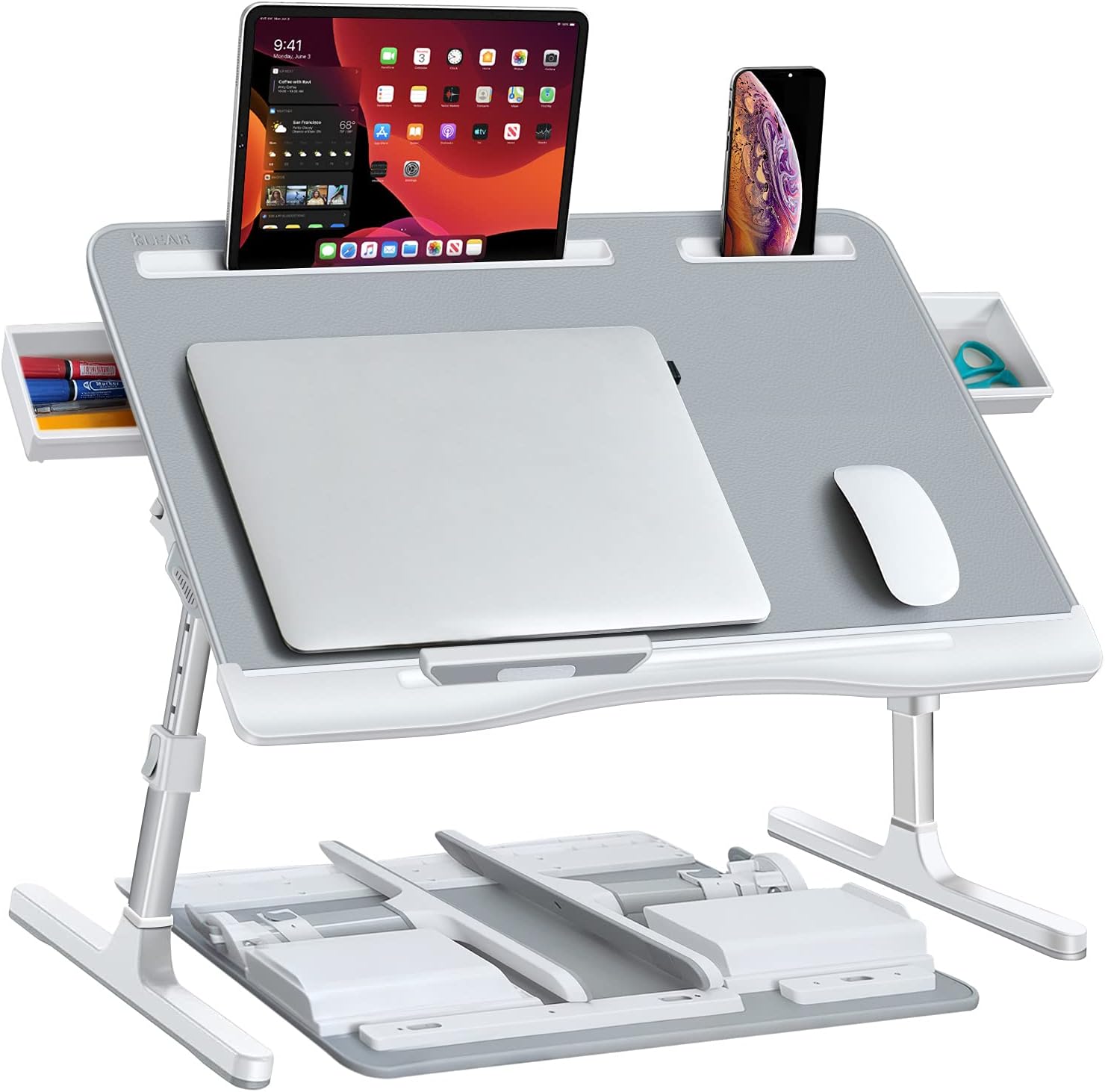 Laptop Desk for Bed, Adjustable Laptop Stand with Double Drawers,Portable Bed Table with Tablet Slot Phone Slot Movable Stopper for Eating, Working, Writing and Drawing Pack of 2