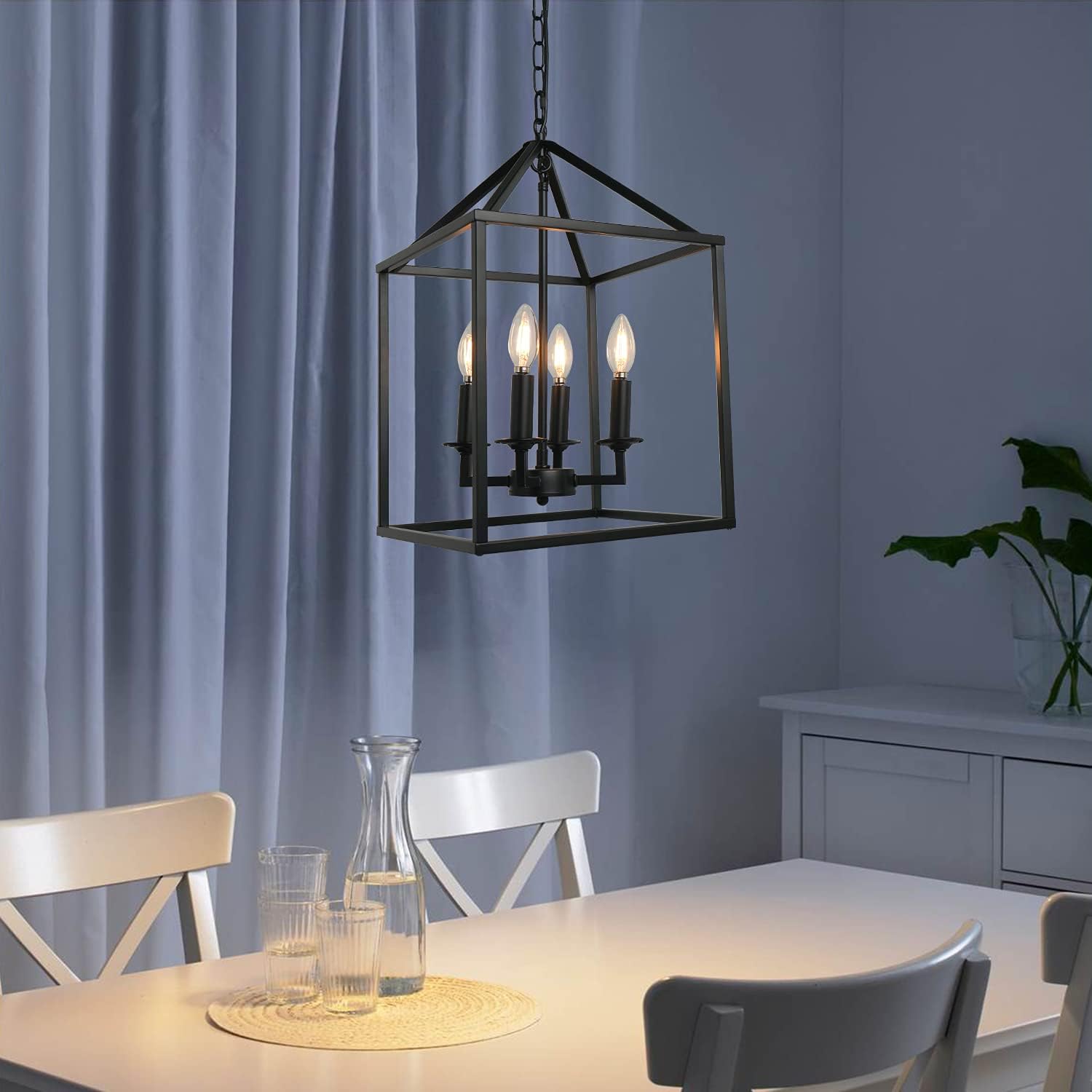 Black Farmhouse Pendant Light ,Lantern Chandelier, Industrial Kitchen Light Fixture for Foyer Dining Room, Kitchen Island, Hallway (19''x12.5'', 4-Light)