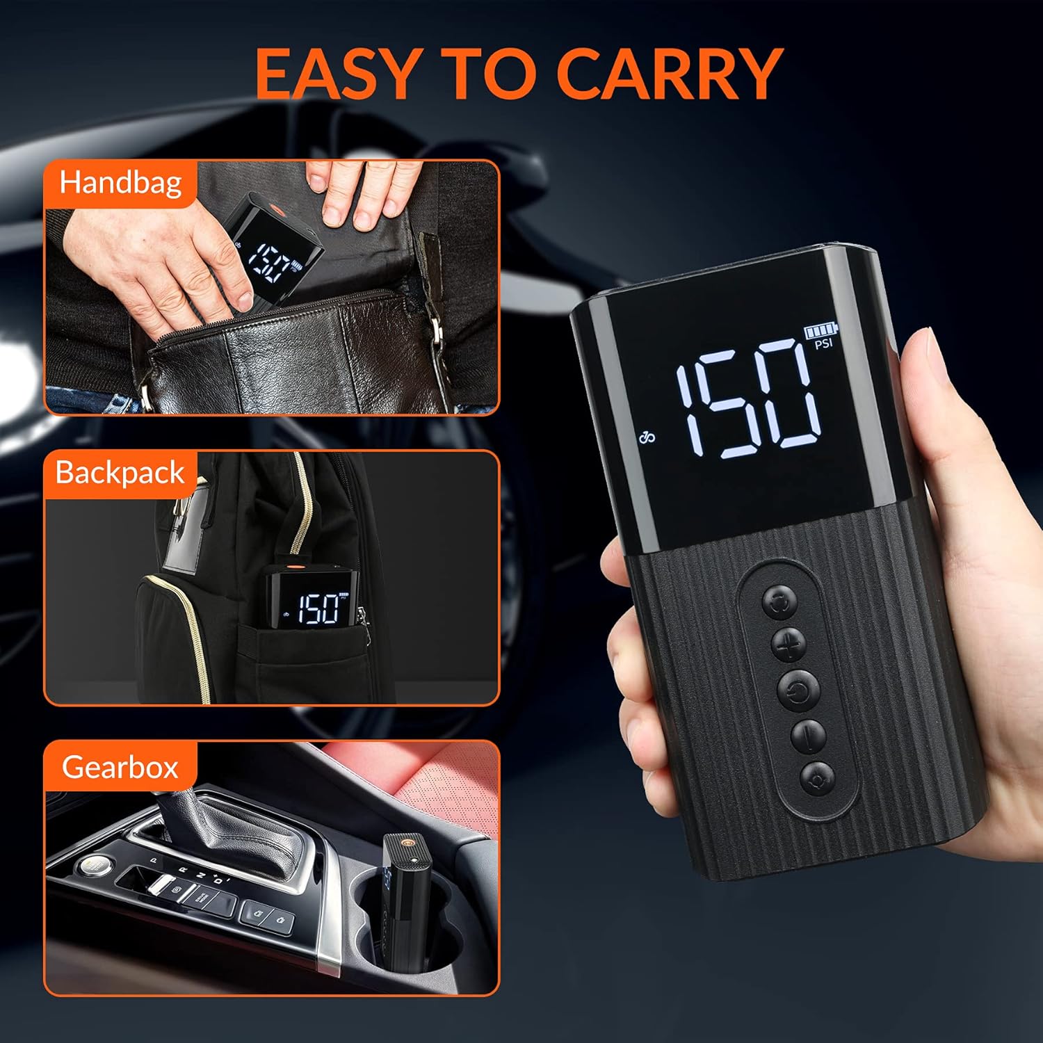 Portable Fast Inflation 150PSI, Compact Air Compressor, Cordless Tire inflator with Accurate Pressure Gauge, Mini Electric Pump, Multi-Functional&Rechargeable Air Pump for Car Bike Motorcycle Ball