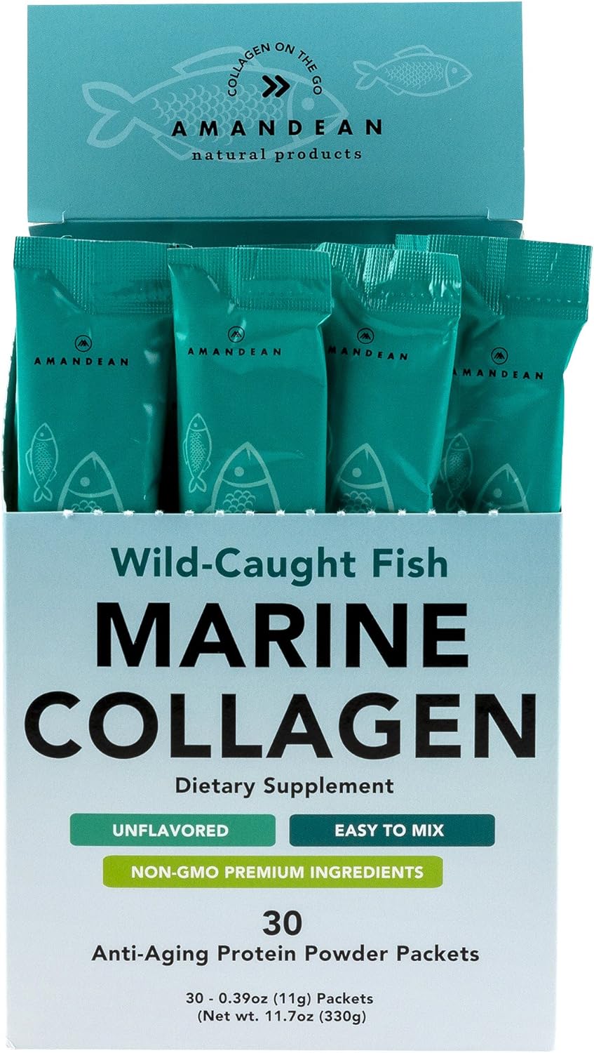 Amandean Marine Collagen Peptides Stick Packs | Wild-Caught Fish | 30 Single Use Individual Convenience Packets | Anti-Aging, Paleo Friendly, Non-GMO, Zero Carbs, Unflavored, High Bioavailability Mix Pack of 2