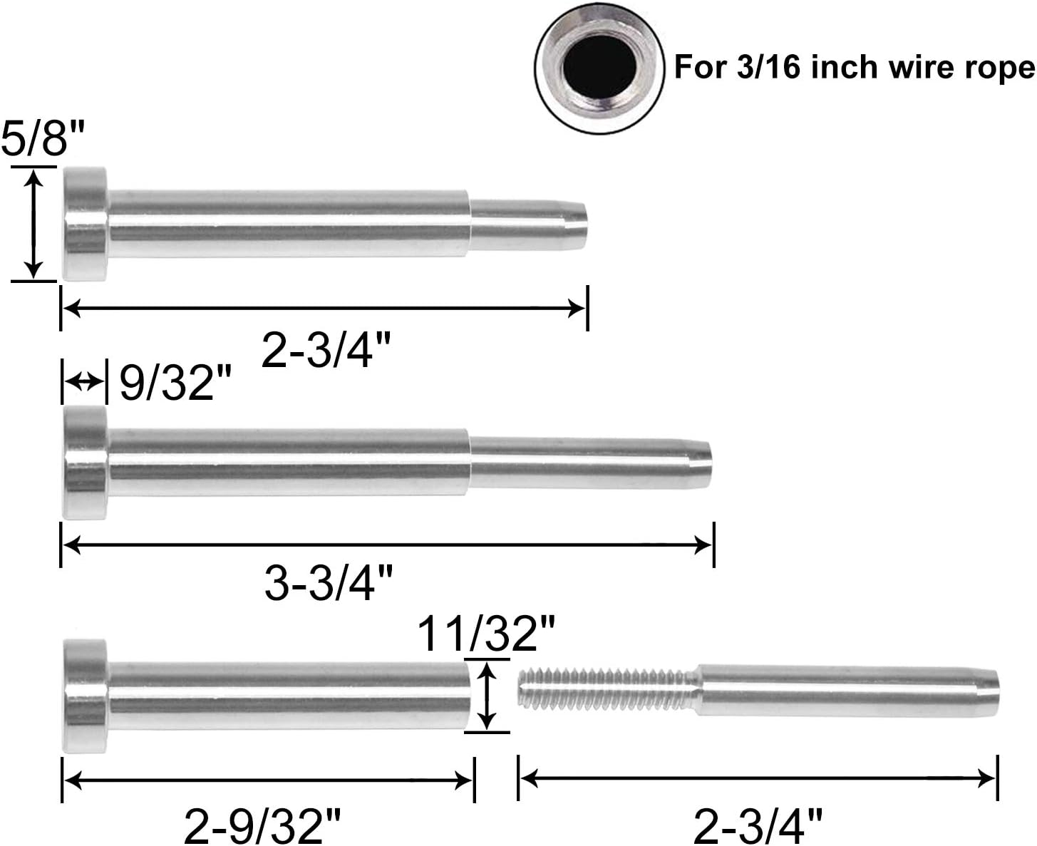 CKE 40 Pack Stainless Steel Invisible Receiver and Swage Stud End for 3/16 Inch Cable Railing, Deck Stair Threaded End Fitting for Wood & Metal Post
