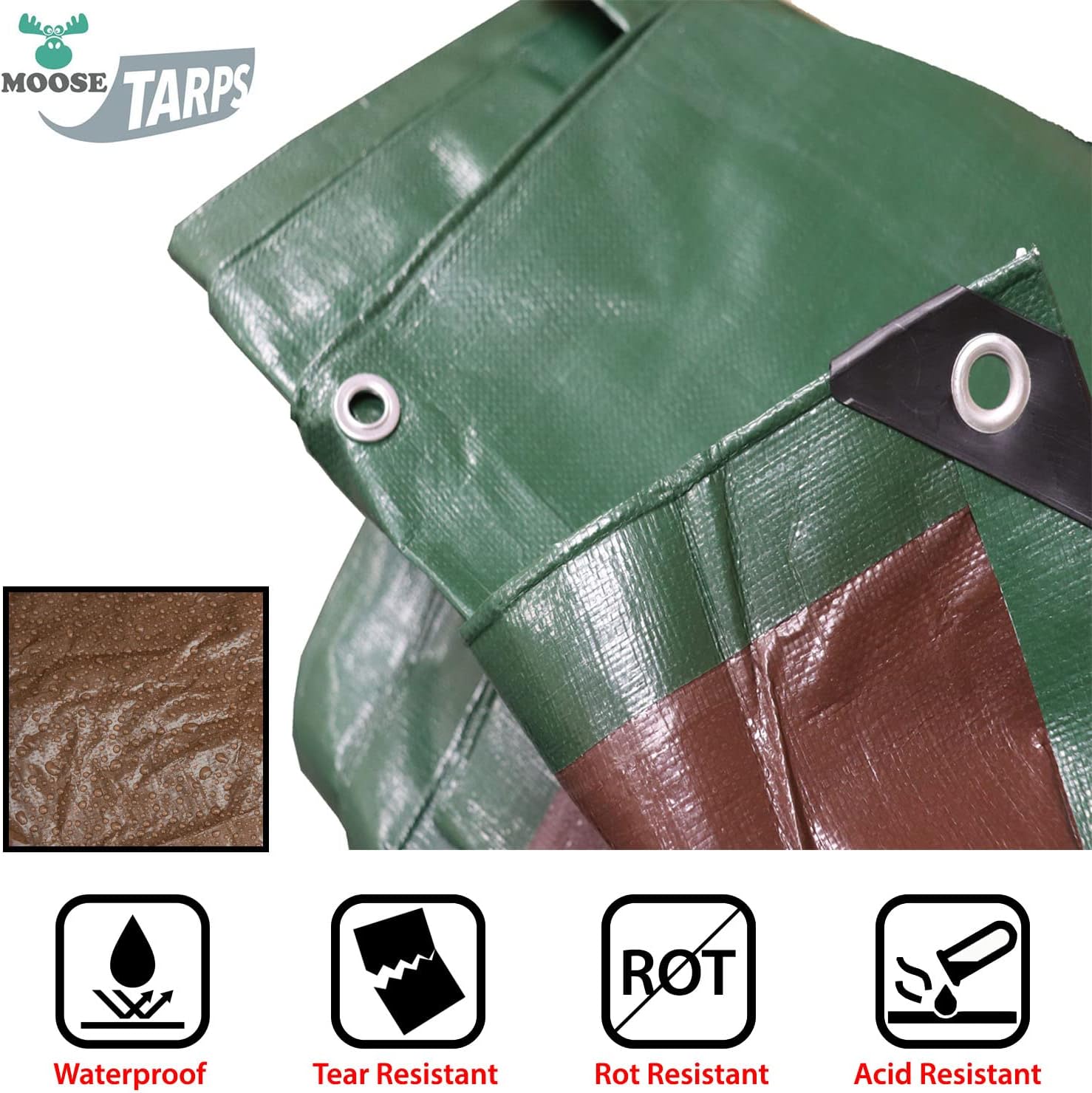 Moose Supply Waterproof Tent Tarp - Heavy Duty Tarp Tent for Wood Furniture, Car, Boat, Pool, & More - Tear, Rot, & Acid Resistant - 10x12 Foot Indoor/Outdoor Reversible Tarp (Green/Brown Tarp)